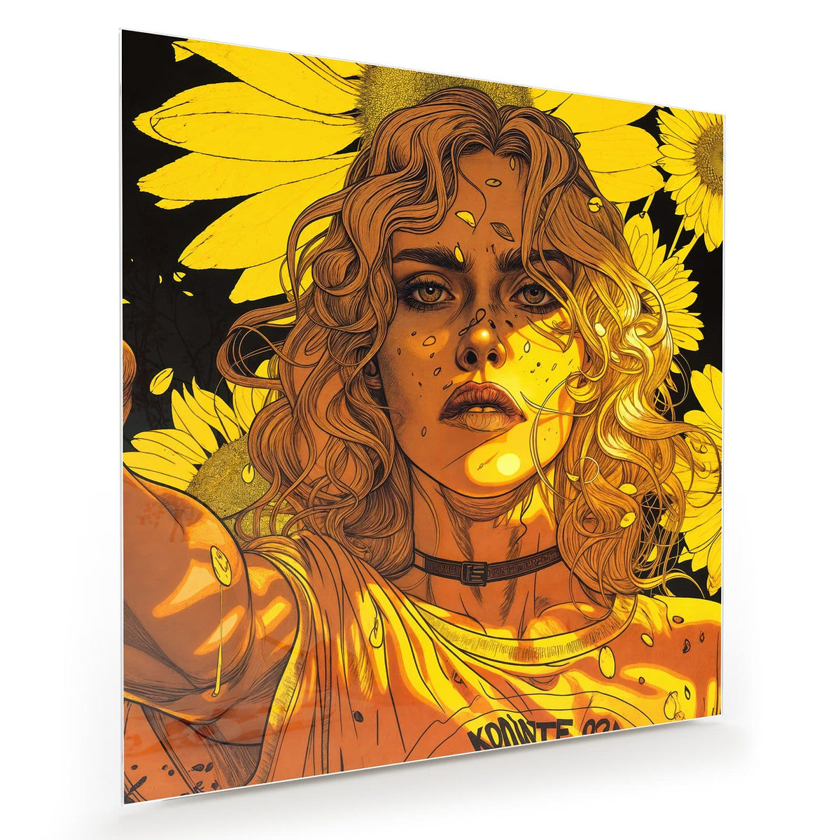 Gelb-orange Comic-Illustration einer jungen Frau mit langen Locken vor großen Sonnenblumen