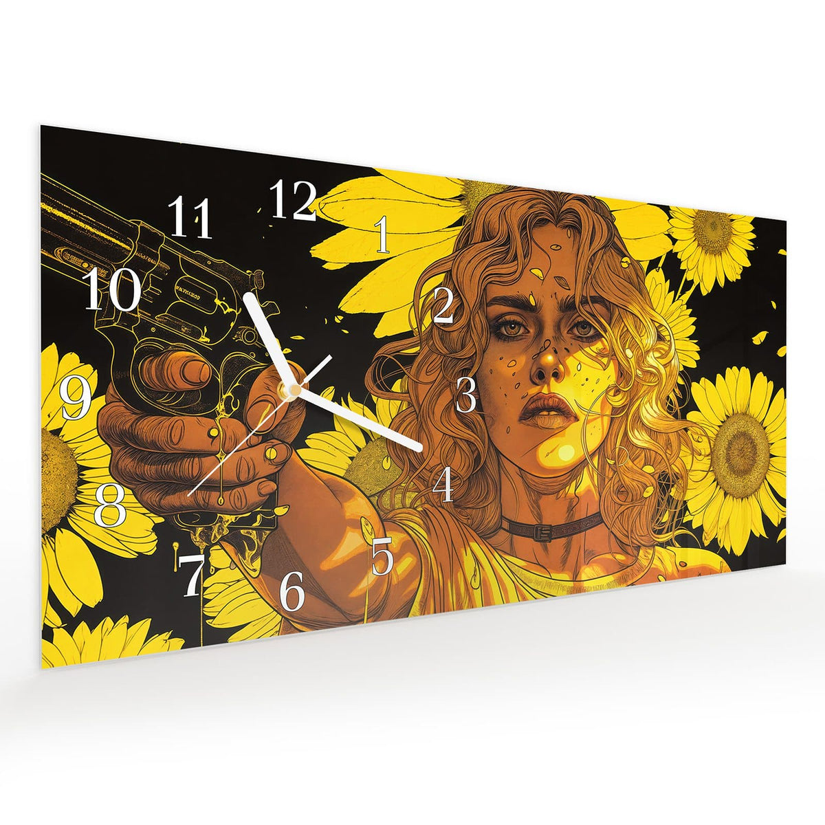 Vormontiert – mit Schwebeeffekt – Wanduhr Sonnenblumenmädchen aus Glas – Querformat 60 × 30 cm