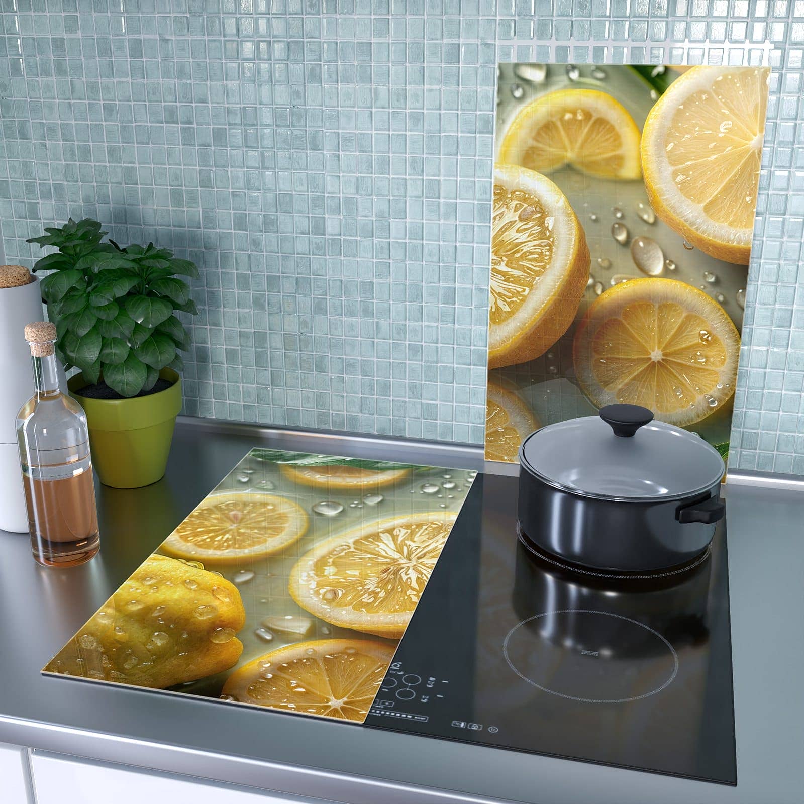 2-teilige Ceranfeld Abdeckungen mit Zitronenfrische-Motiv als Spritzschutz hinter dem Kochfeld