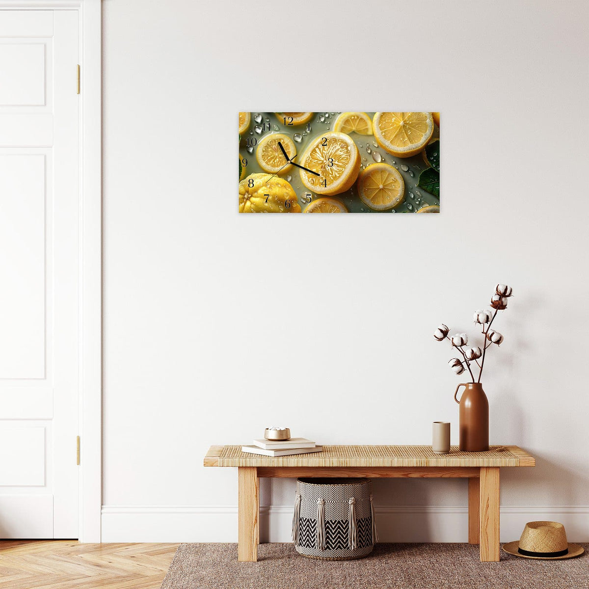 Moderne Wanduhr aus Glas mit Farbtiefe – Wanduhr Zitronenfrische aus Glas – Querformat 60 × 30 cm