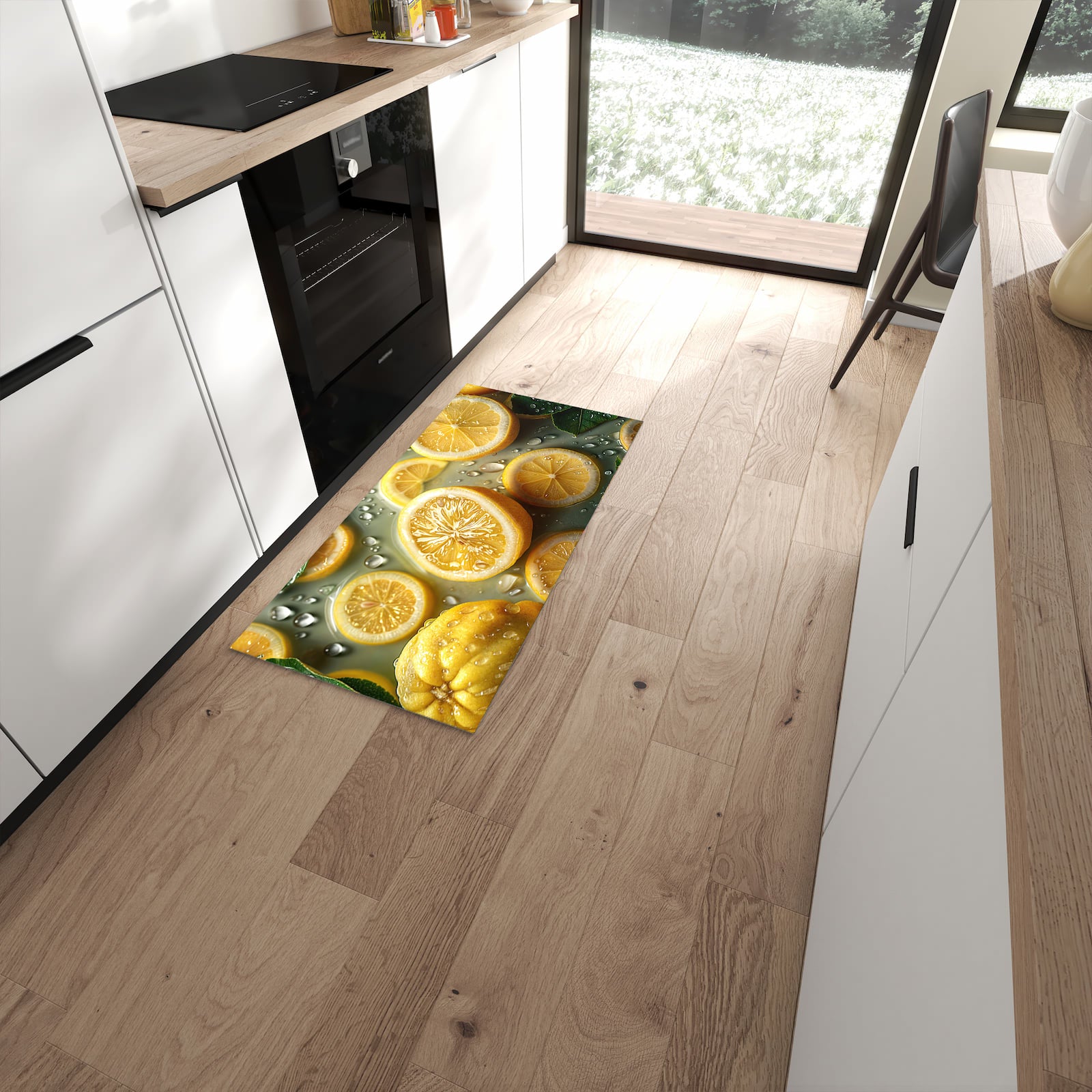 Komfortabler Küchenläufer nach Maß mit Motiv Zitronenfrische in moderner Küche #grösse_60 x 120 cm