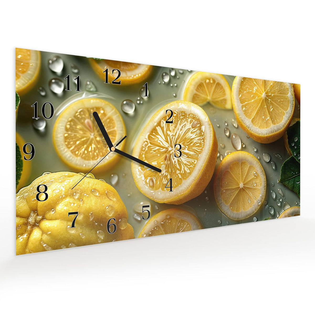 Vormontiert – mit Schwebeeffekt – Wanduhr Zitronenfrische aus Glas – Querformat 60 × 30 cm