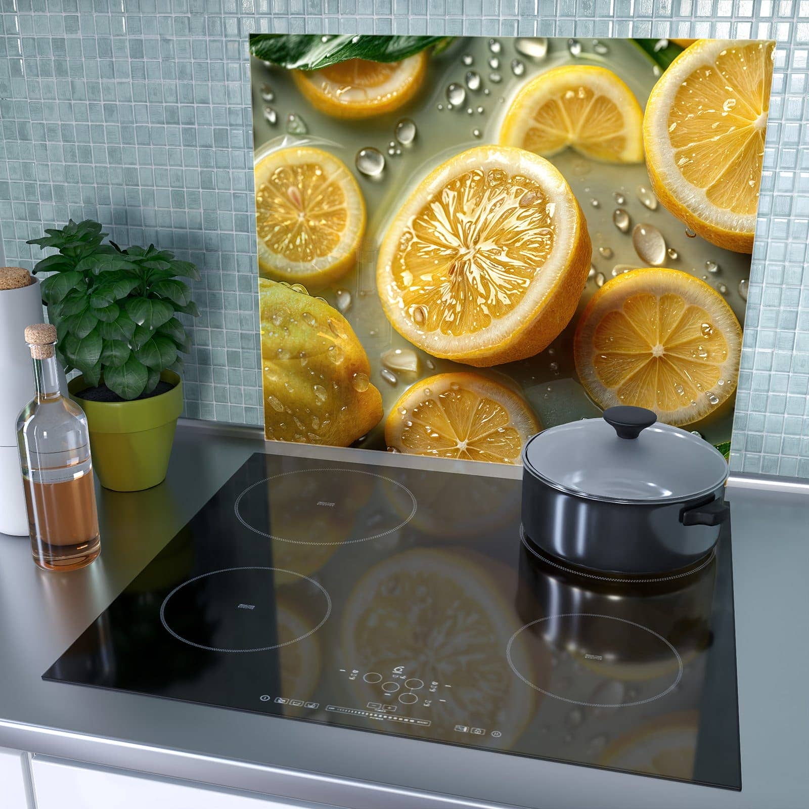 1-teilige Abdeckplatten für den Herd mit Zitronenfrische-Motiv als Spritzschutz hinter dem Kochfeld
