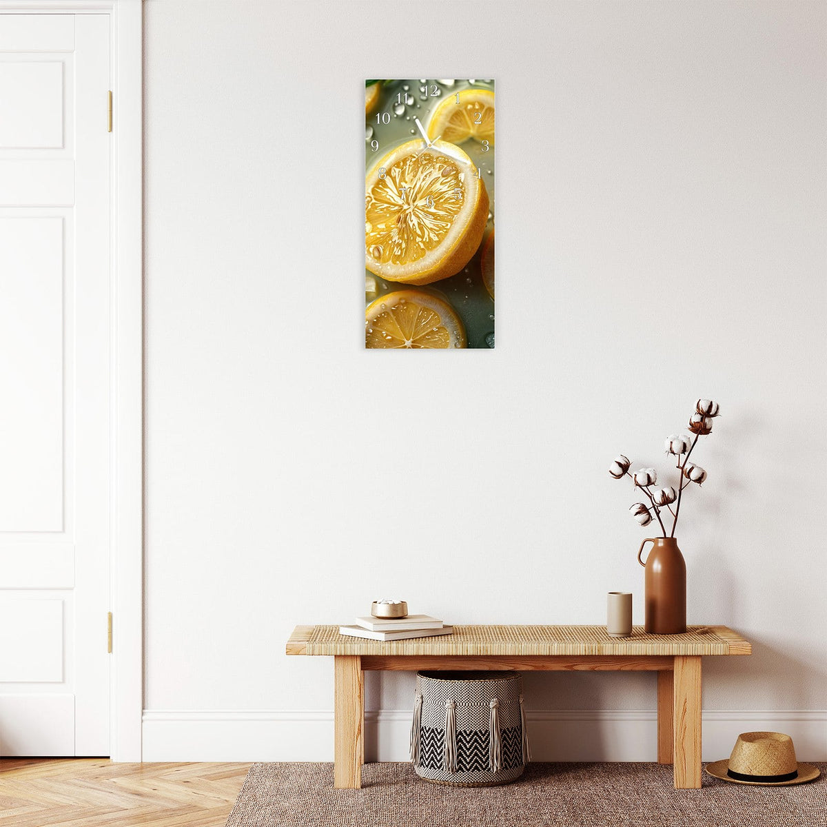 Moderne Wanduhr aus Glas mit Farbtiefe – Wanduhr Zitronenfrische aus Glas – Hochformat 30 × 60 cm