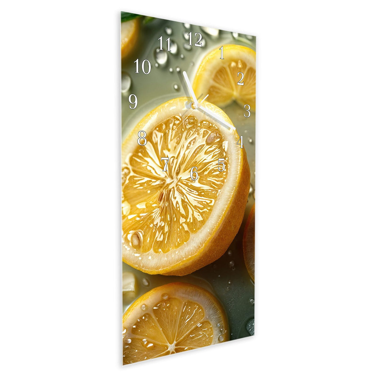 Vormontiert – mit Schwebeeffekt – Wanduhr Zitronenfrische aus Glas – Hochformat 30 × 60 cm