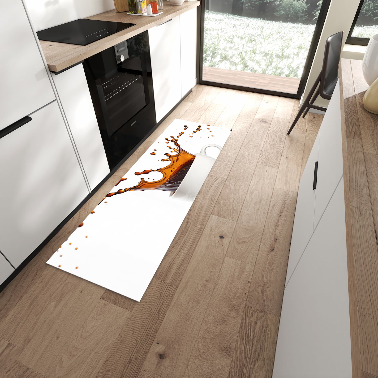 Schmutzabweisender Küchenläufer mit Motiv Kaffeespritzer in moderner Küche