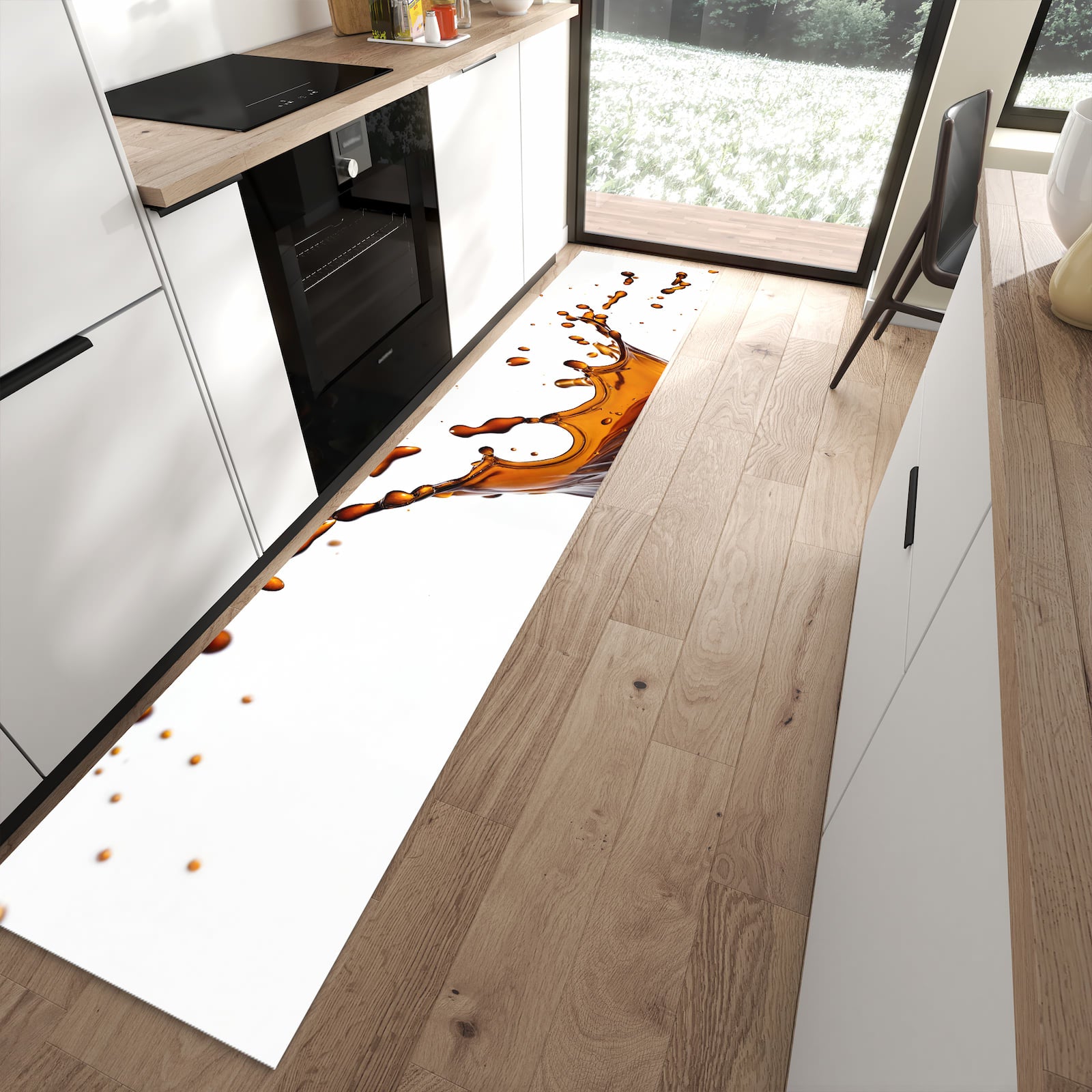 Flacher Küchenteppich mit Motiv Kaffeespritzer in moderner Küche