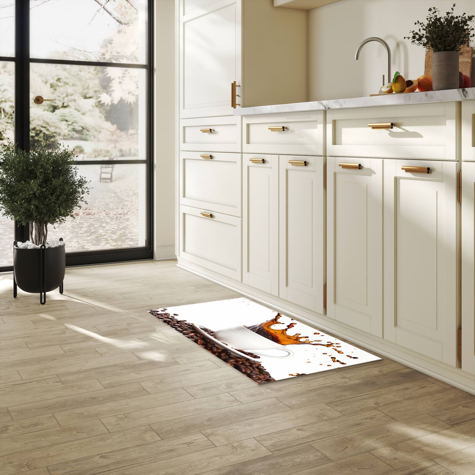 Pflegeleichter moderner Küchenläufer mit Motiv Kaffeespritzer in heller Küche