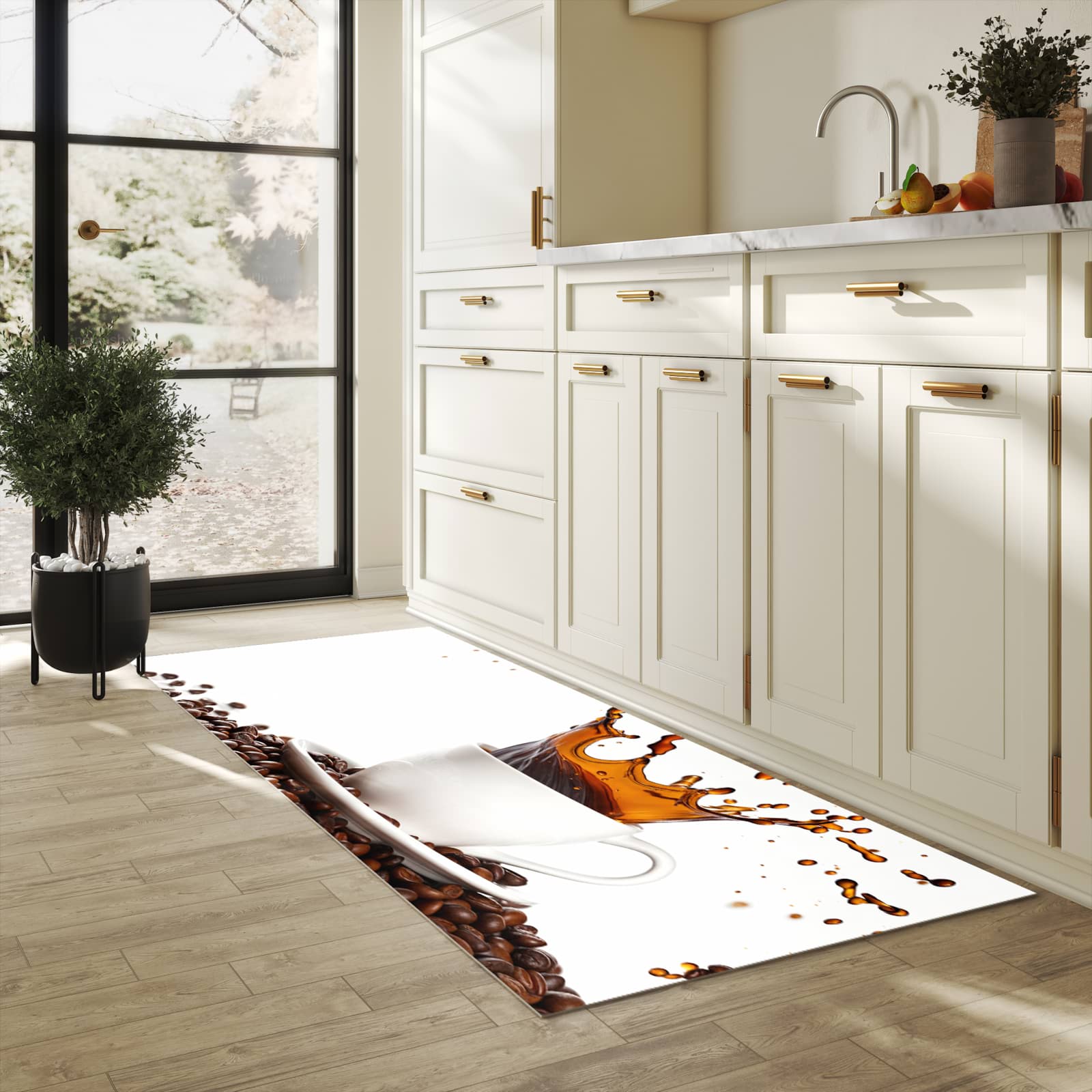 Formstabiler Küchenläufer mit Motiv Kaffeespritzer in heller Küche