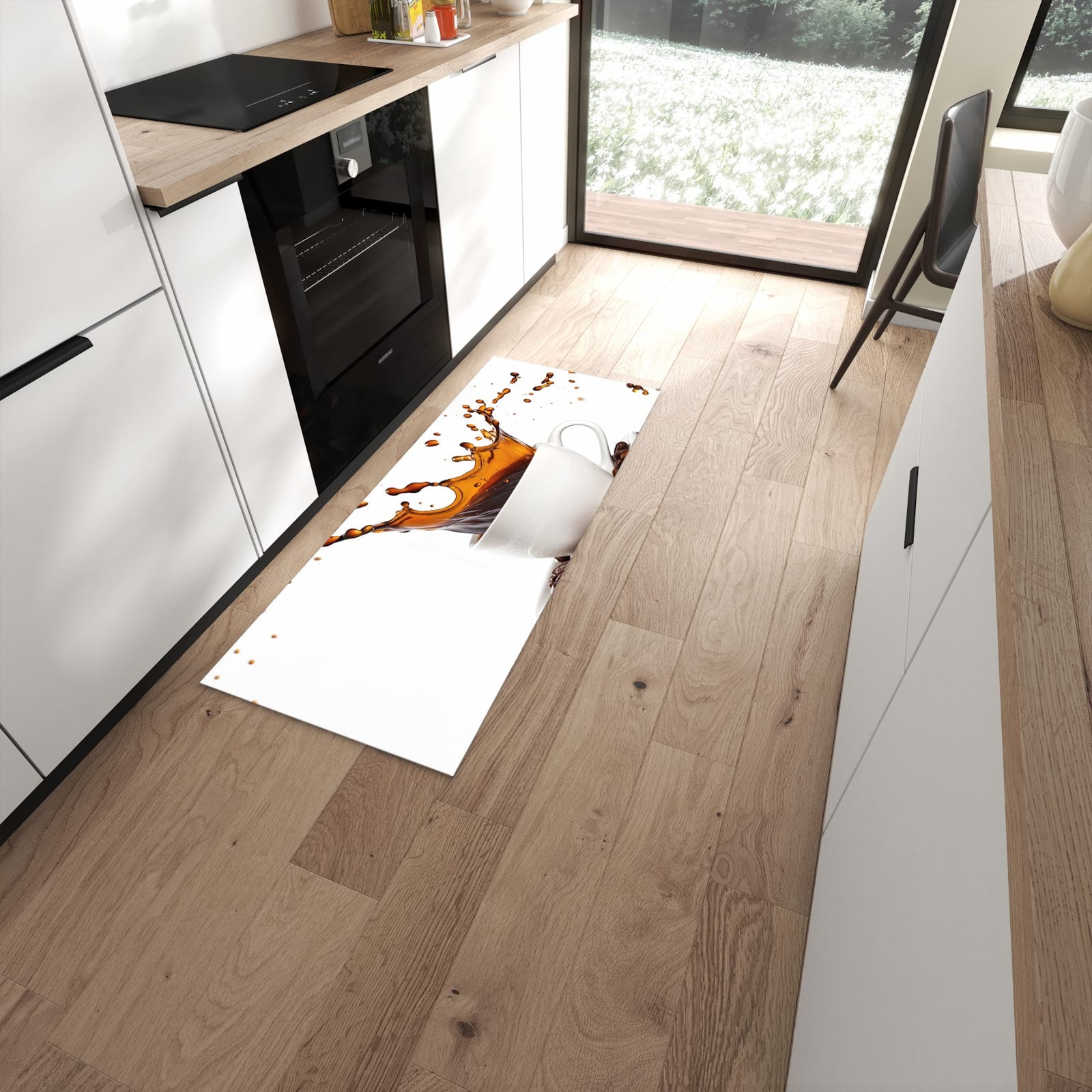 Fleckenresistenter abwaschbarer Küchenteppich mit Motiv Kaffeespritzer in moderner Küche #grösse_60 x 150 cm