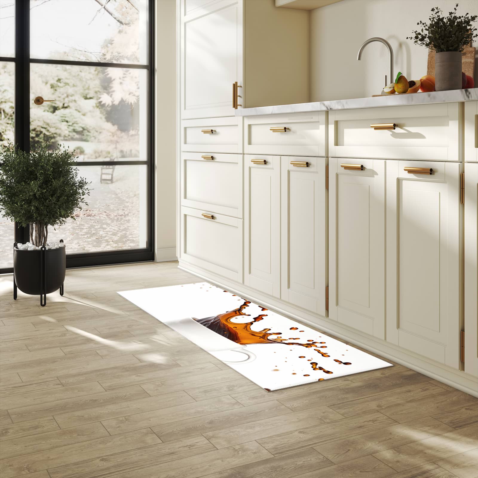 Hygienischer Küchenteppich mit Motiv Kaffeespritzer in heller Küche - abwaschbar