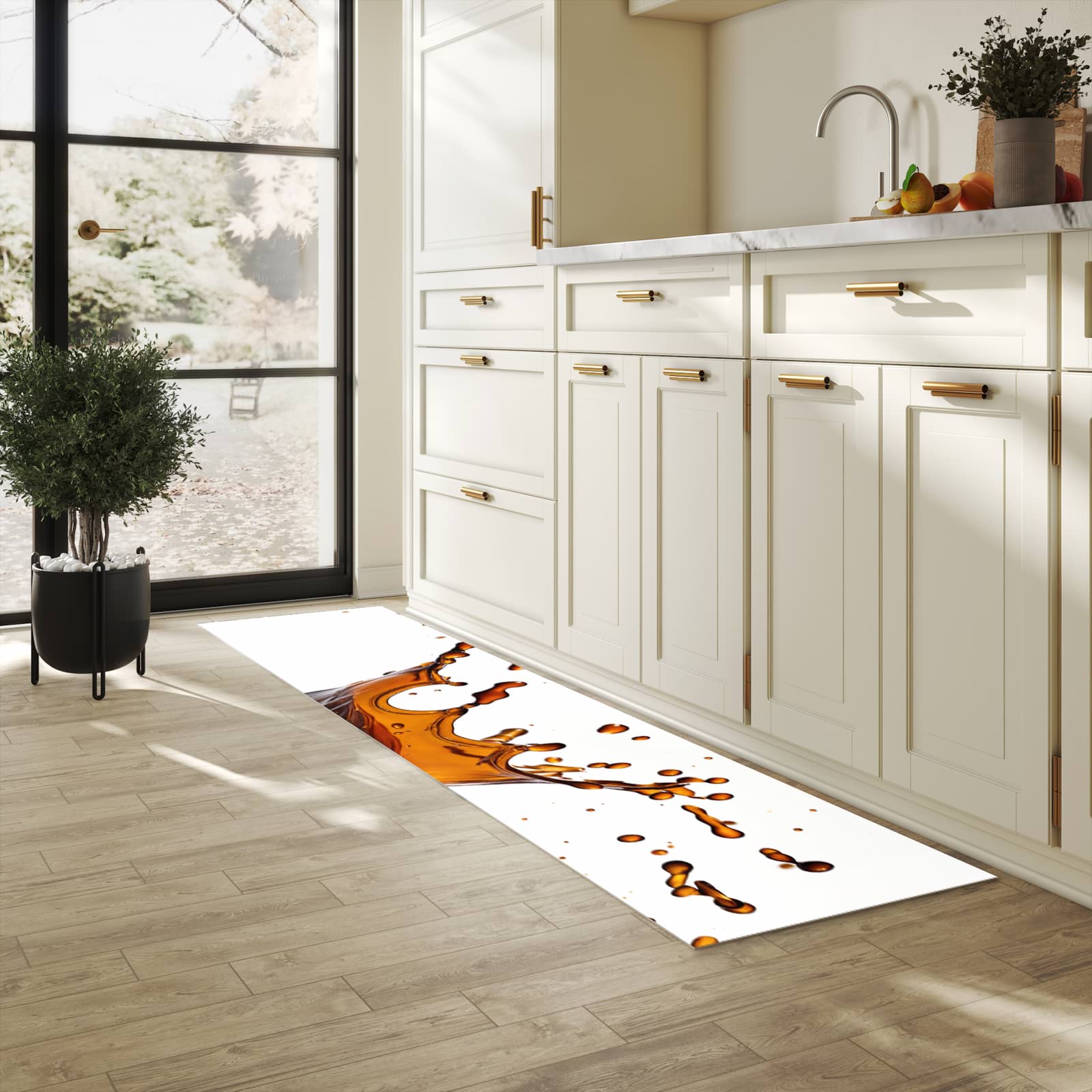 Waschbarer Küchenteppich mit Motiv Kaffeespritzer in heller Küche