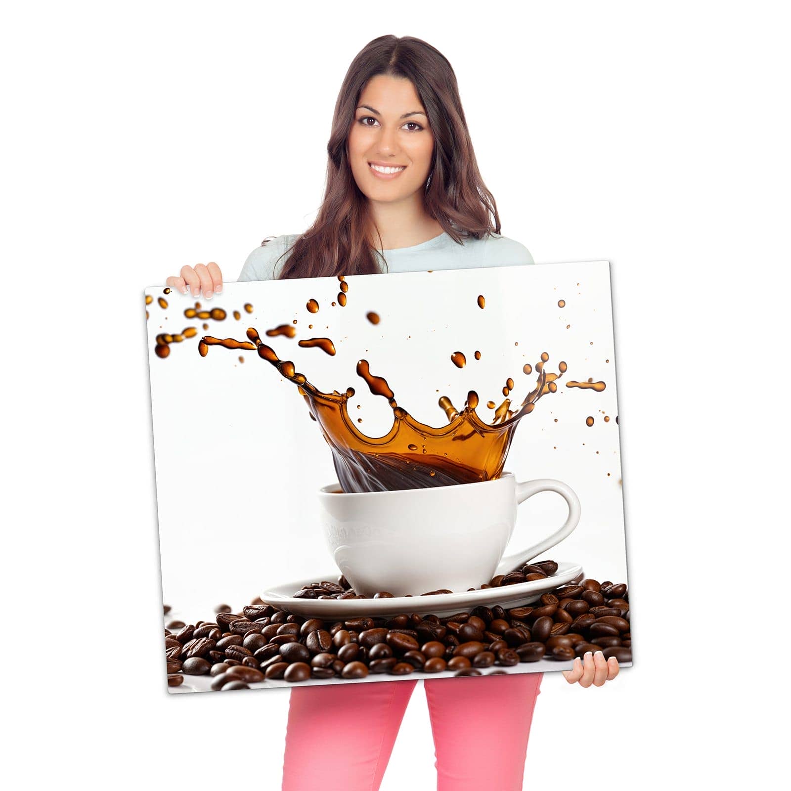 1-teilige Herdabdeckung mit Kaffeespritzer-Motiv wird zur Größendarstellung gehalten