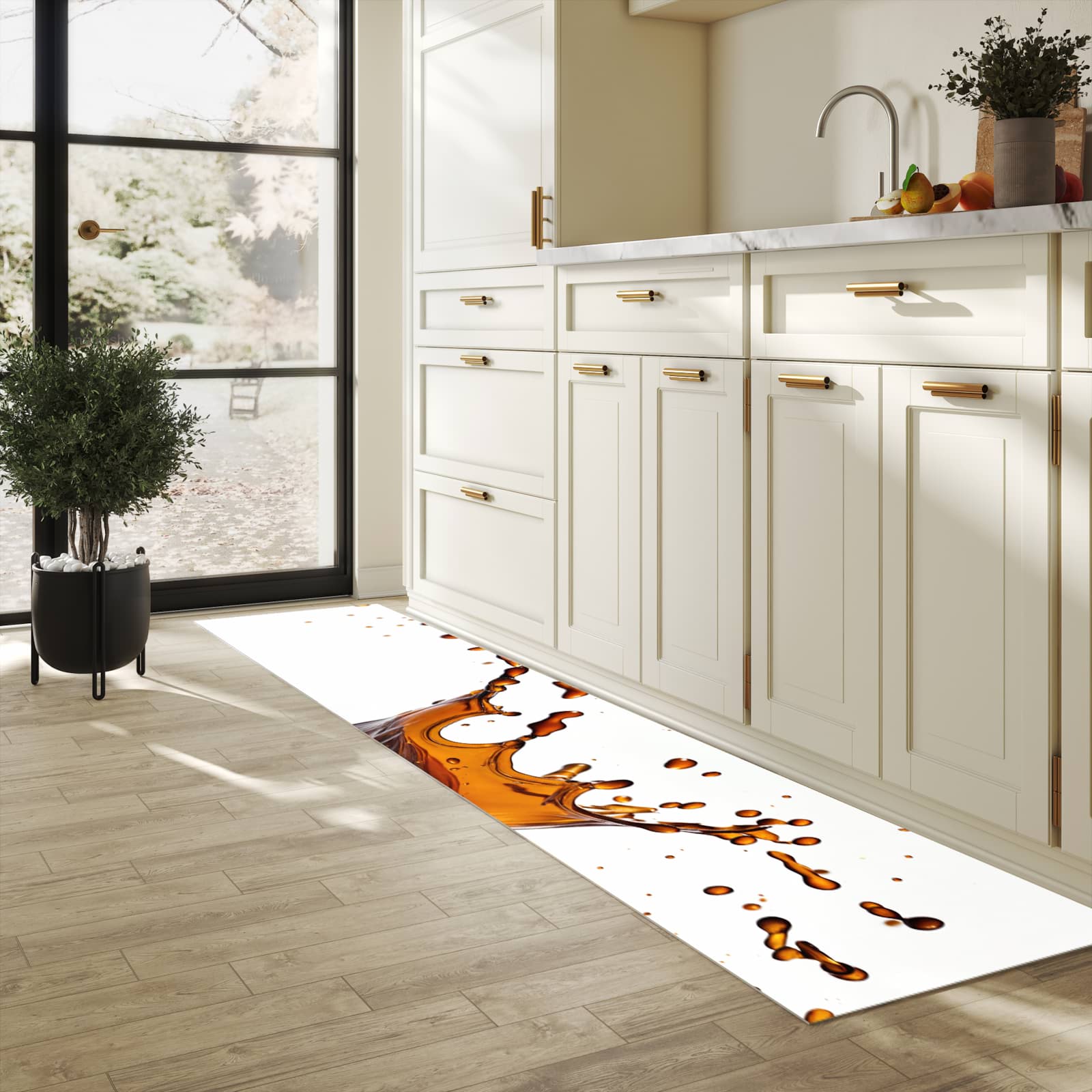 Langlebiger Küchenteppich mit Motiv Kaffeespritzer in heller Küche