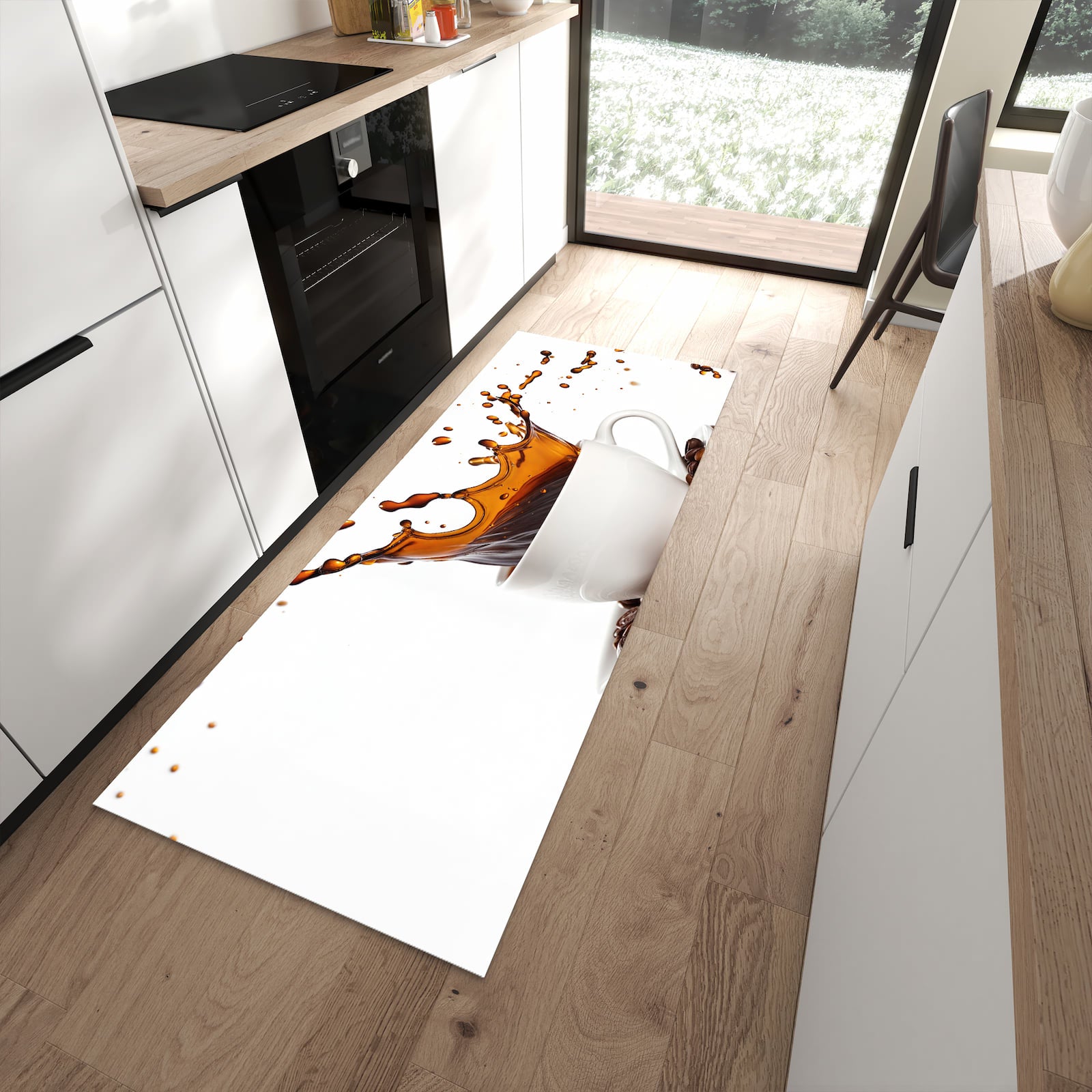 Komfortabler Küchenteppich mit Motiv Kaffeespritzer in moderner Küche