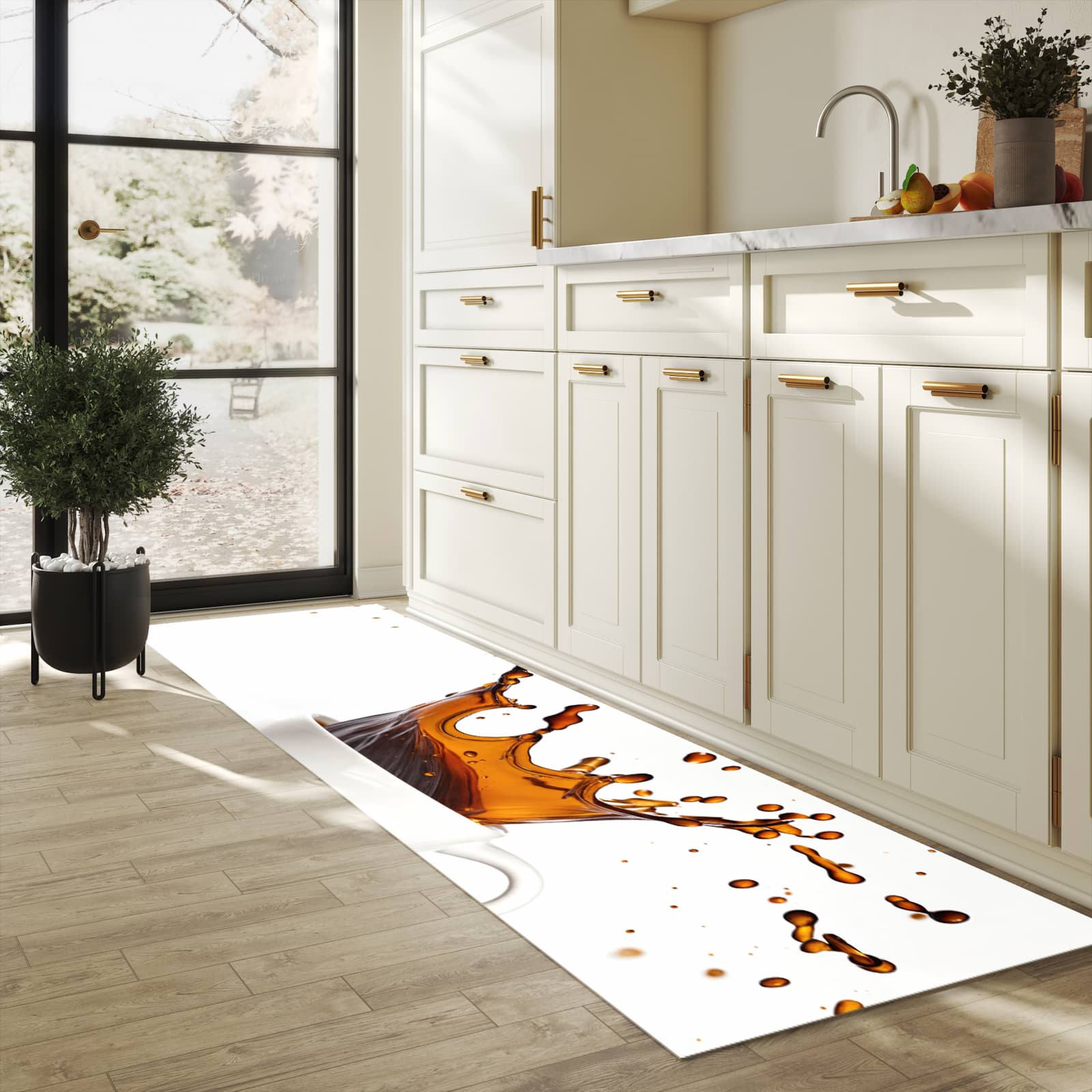 Bodenschonender Küchenteppich mit Motiv Kaffeespritzer in heller Küche