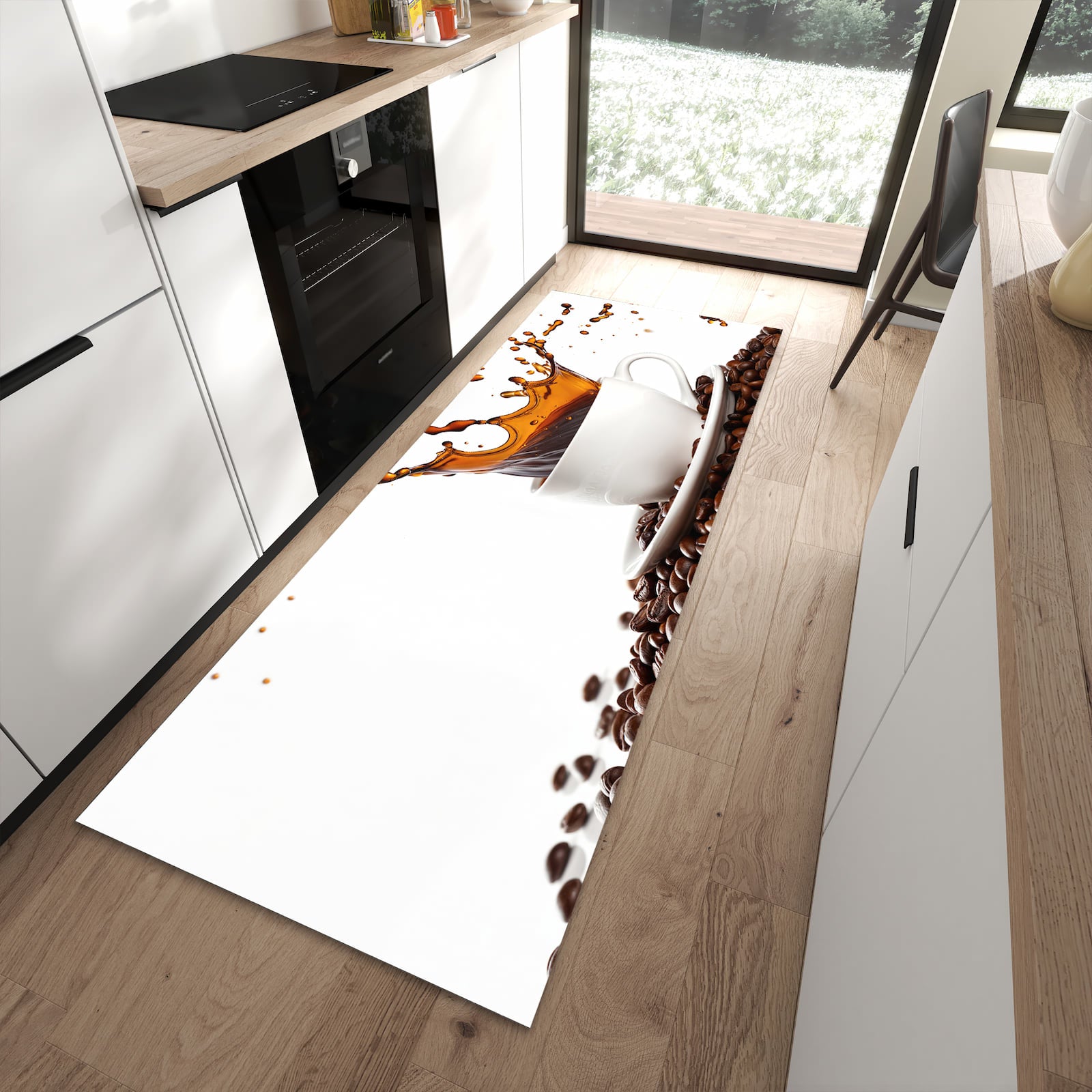Strapazierfähiger Küchenläufer mit Motiv Kaffeespritzer in moderner Küche
