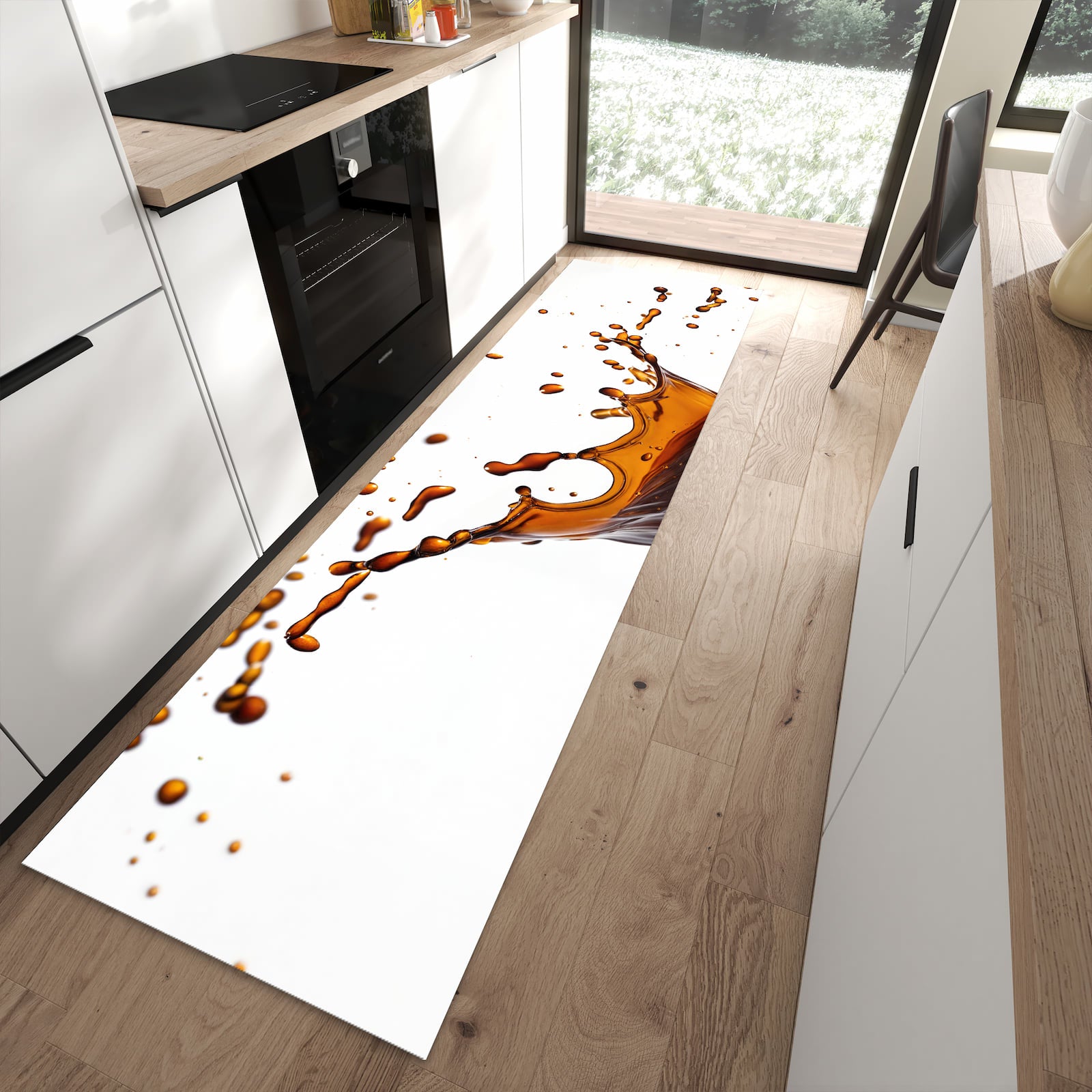 Pflegeleichter Küchenteppich mit Motiv Kaffeespritzer in moderner Küche