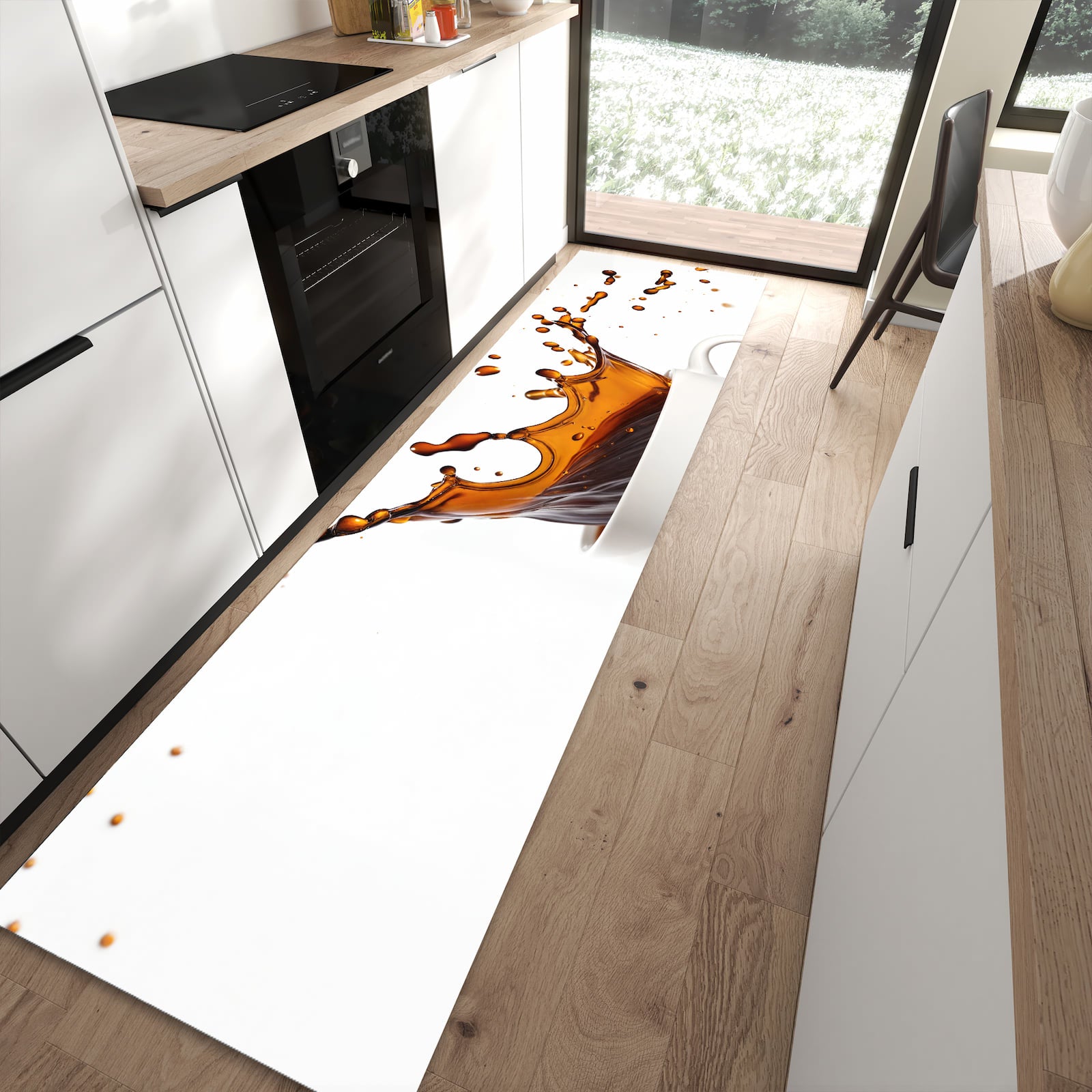 Küchenläufer mit Motiv Kaffeespritzer für angenehme Haptik in moderner Küche