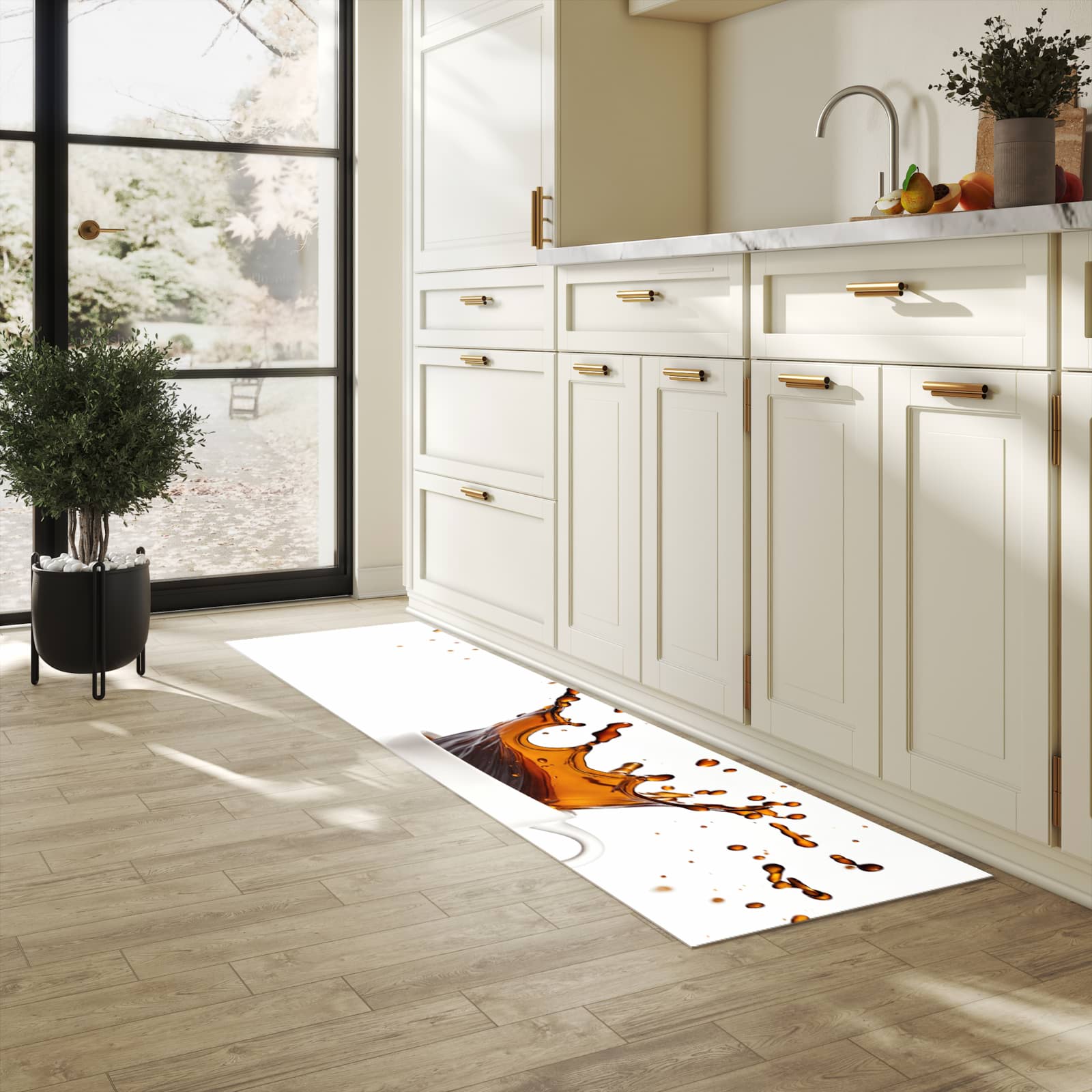 Strapazierfähiger Küchenteppich mit Motiv Kaffeespritzer in heller Küche