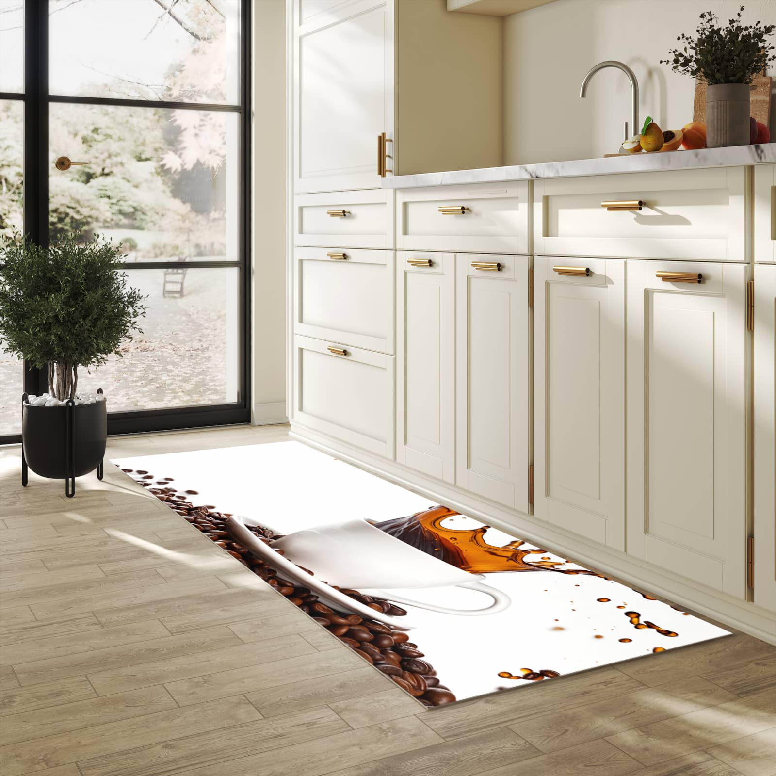 Bodenschonender Küchenteppich mit Motiv Kaffeespritzer in heller Küche