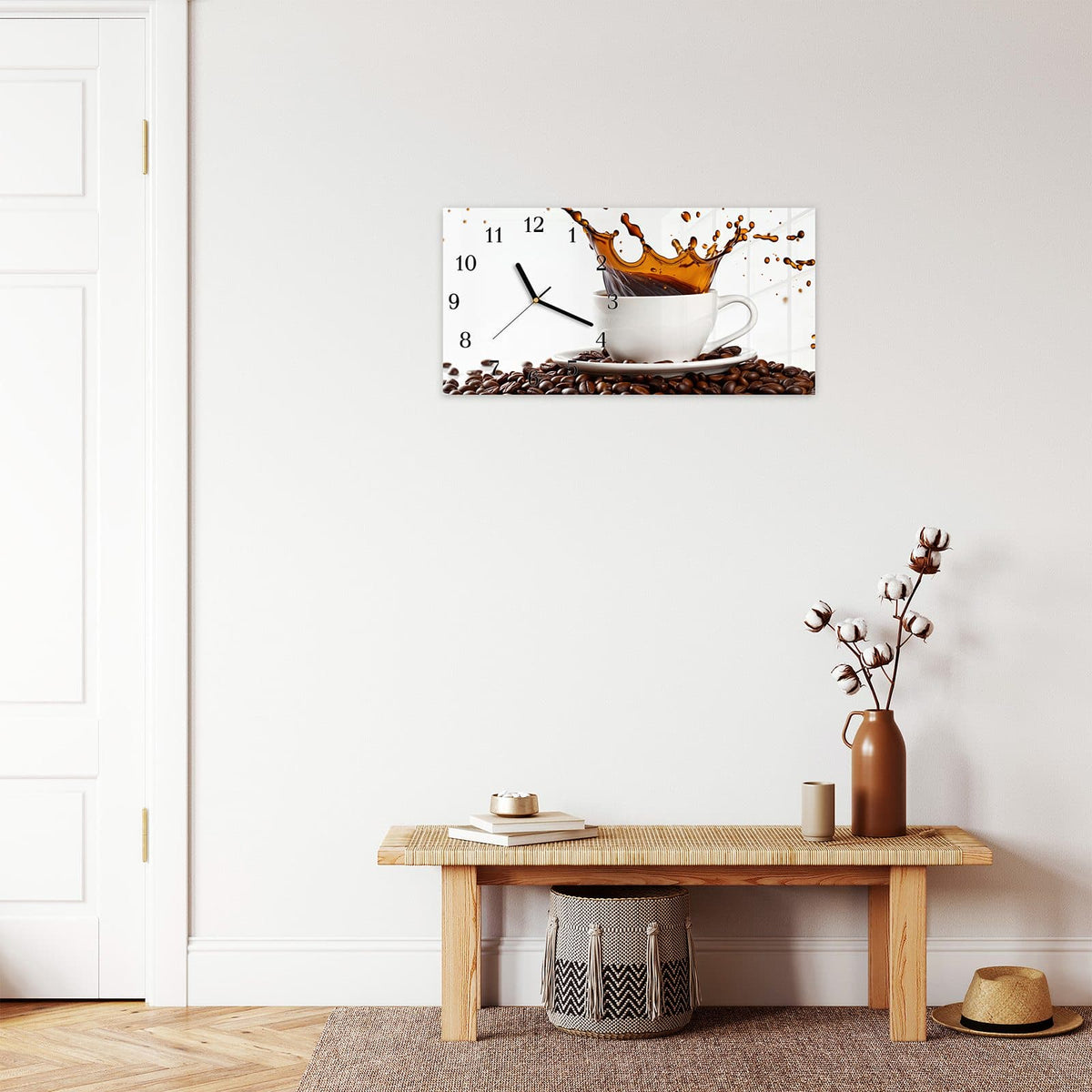 Moderne Wanduhr aus Glas mit Farbtiefe – Wanduhr Kaffeespritzer aus Glas – Querformat 60 × 30 cm