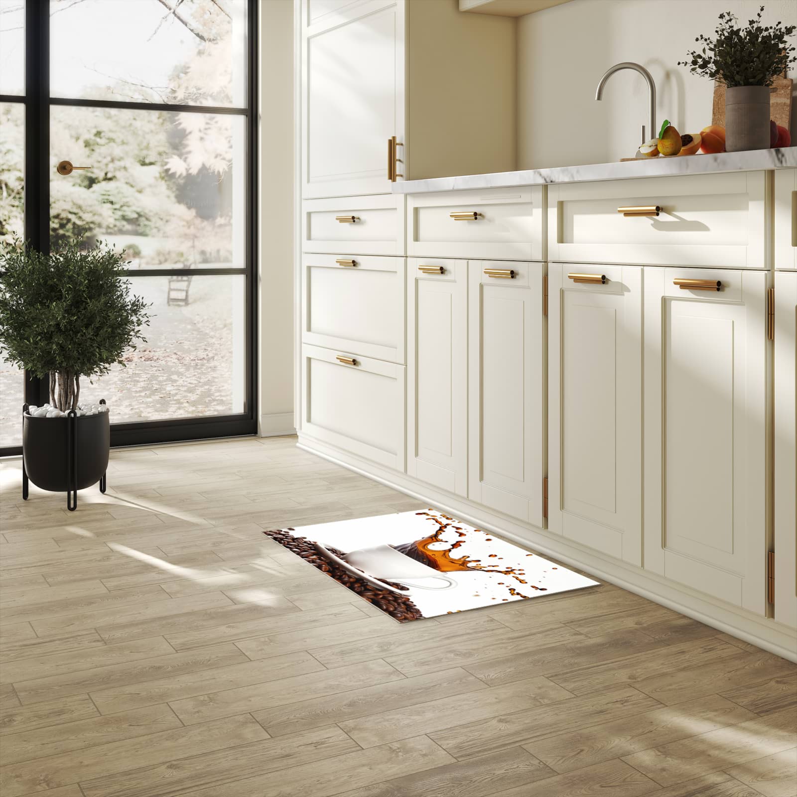 Rutschfester Küchenteppich mit Motiv Kaffeespritzer in heller Küche