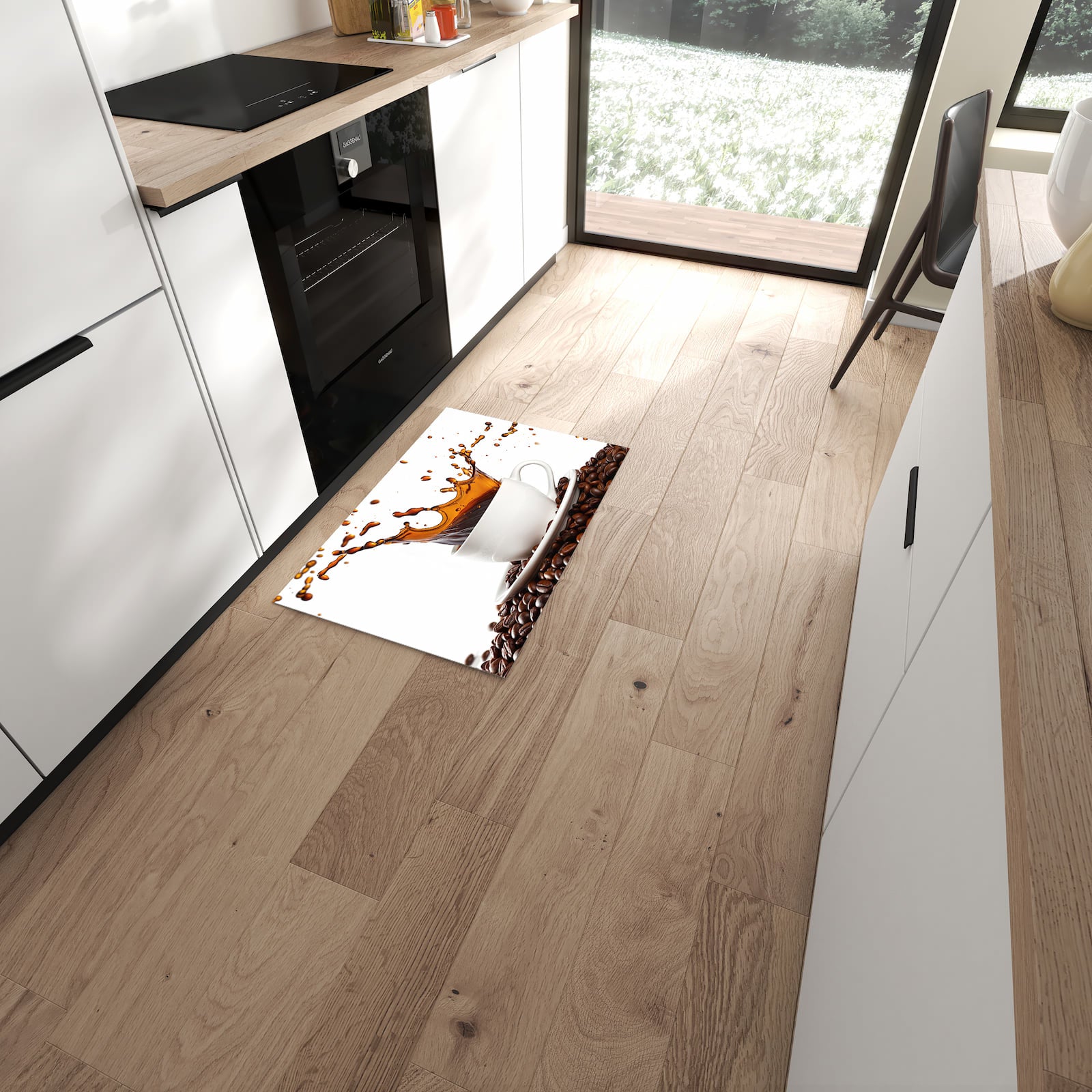 Pflegeleichter Teppich für die Küche mit Motiv Kaffeespritzer in moderner Küche