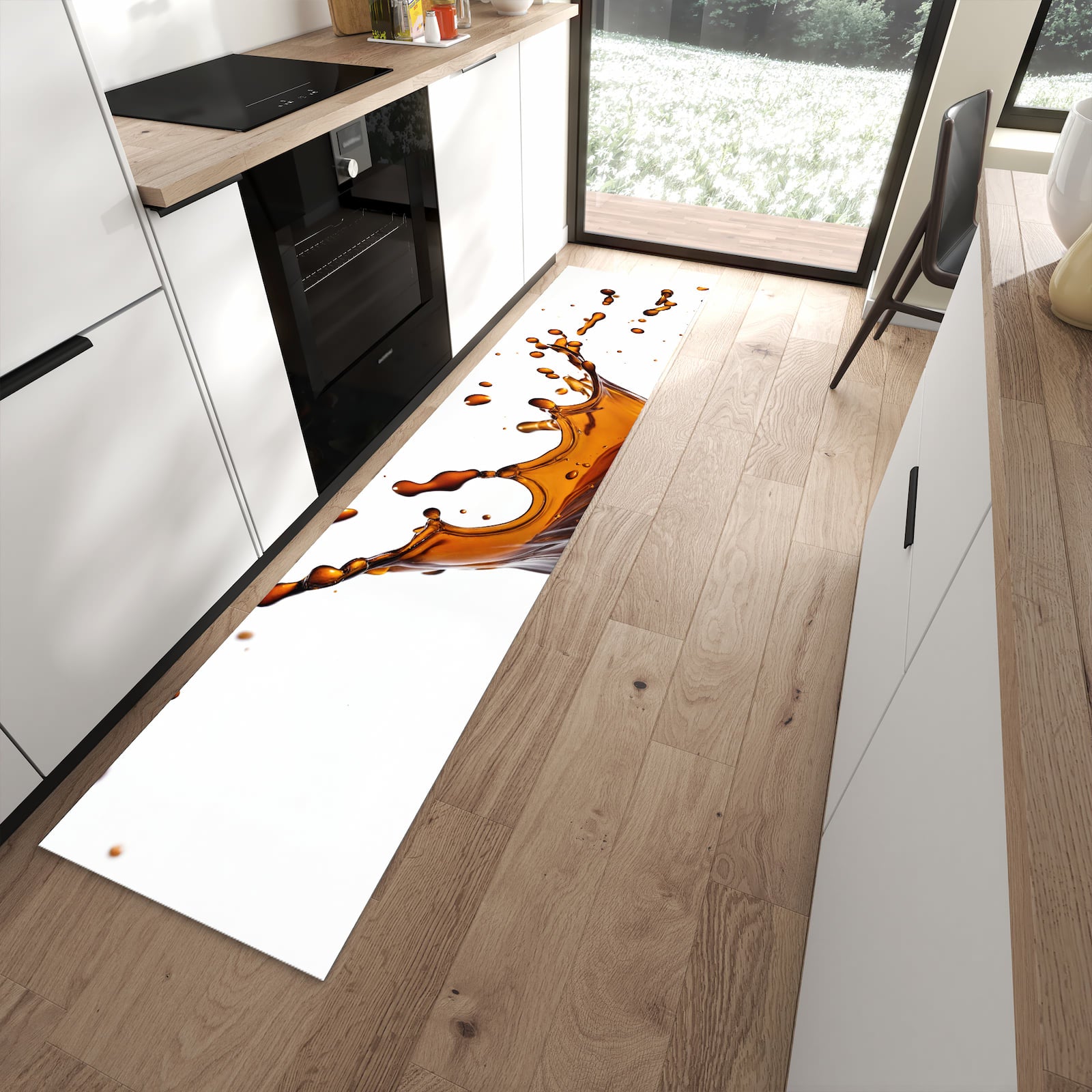 Langlebiger Küchenteppich mit Motiv Kaffeespritzer in moderner Küche