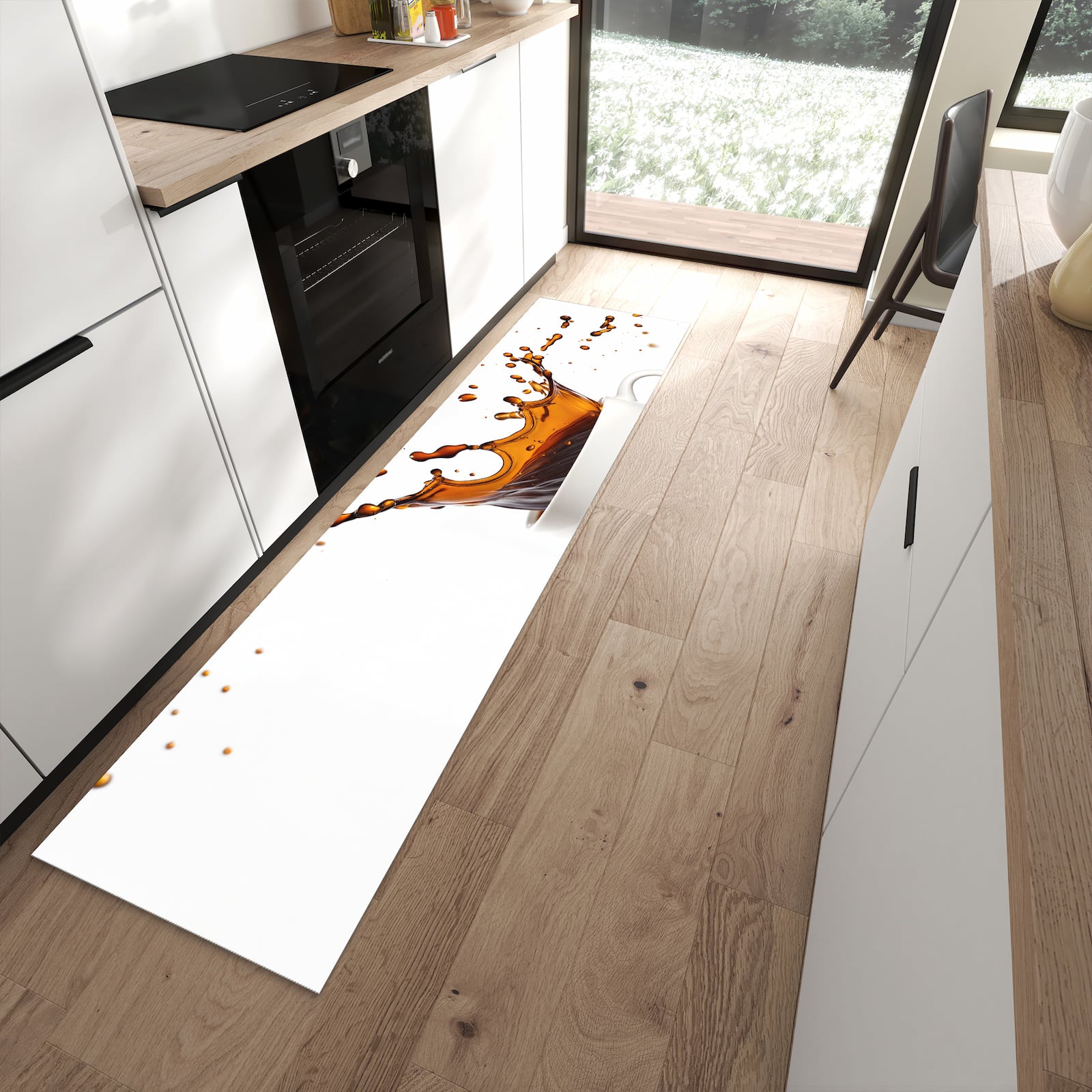 Geruchsneutraler Küchenteppich mit Motiv Kaffeespritzer in moderner Küche