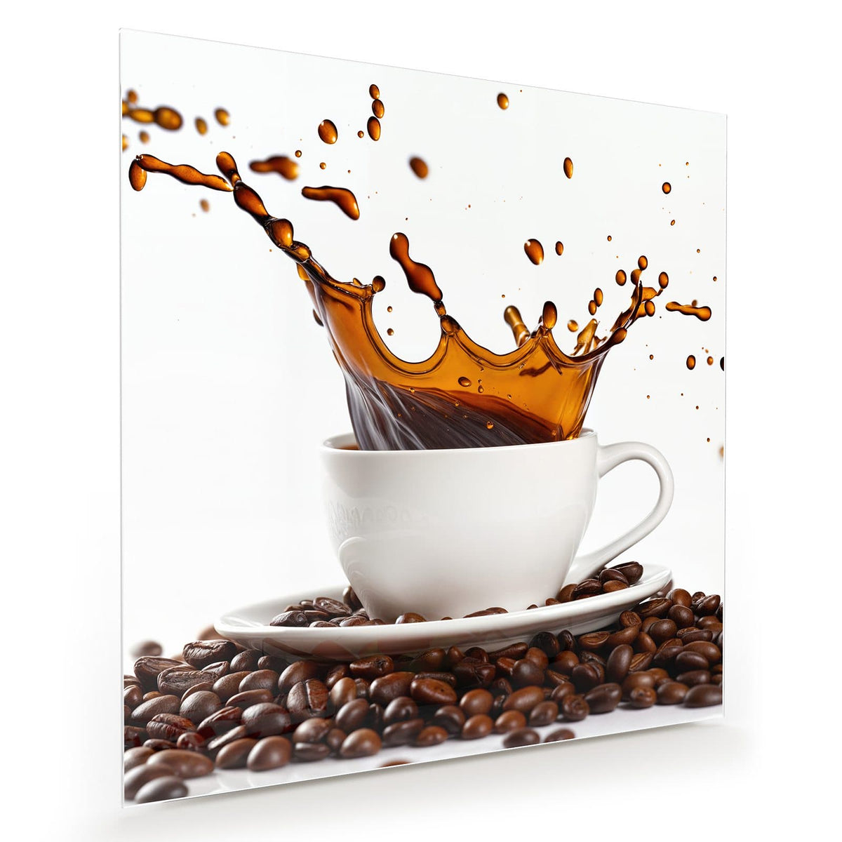 Kronenförmiger Kaffeeschwall über einer weißen Tasse, die auf Kaffeebohnen steht