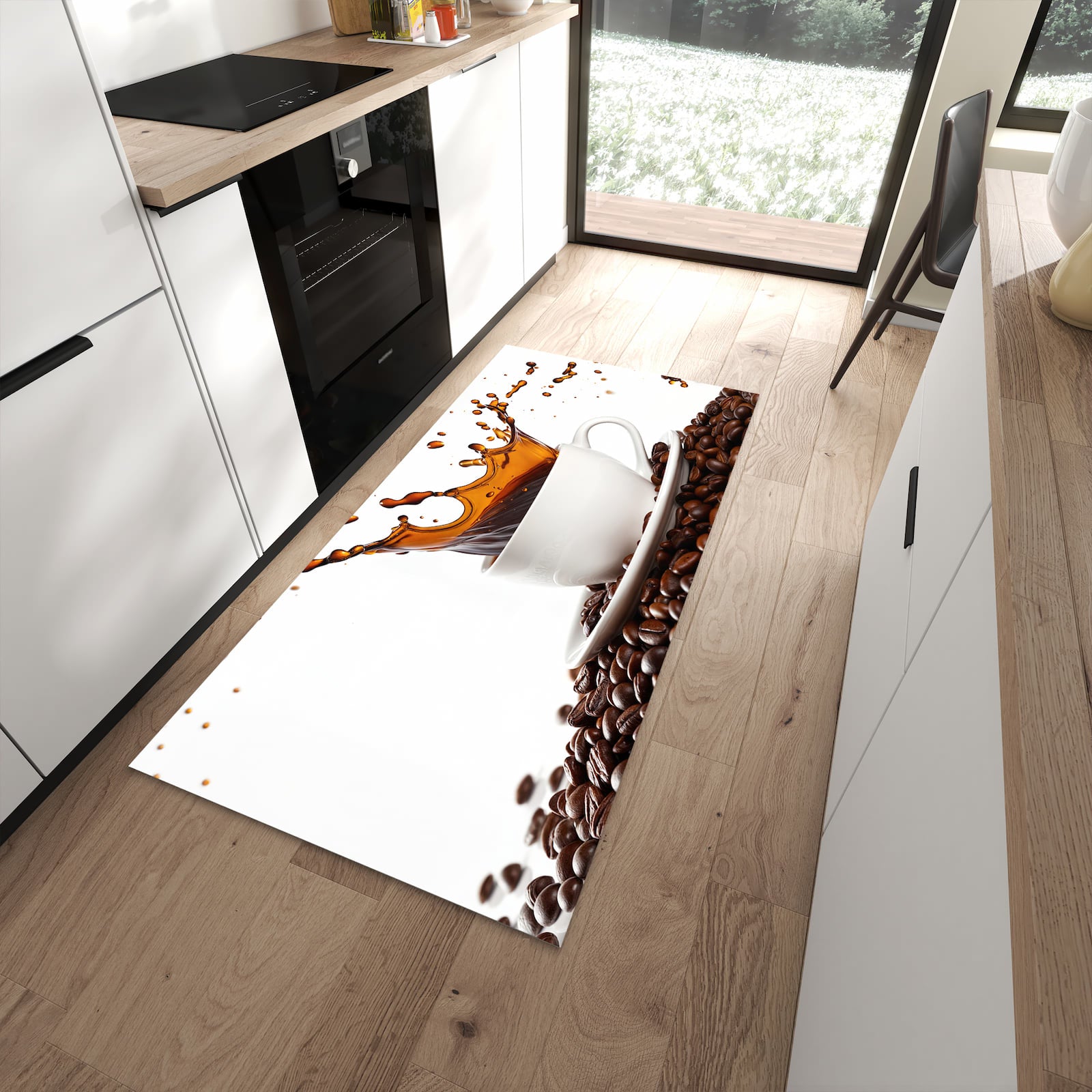 Hygienischer Läufer für die Küche mit Motiv Kaffeespritzer in moderner Küche