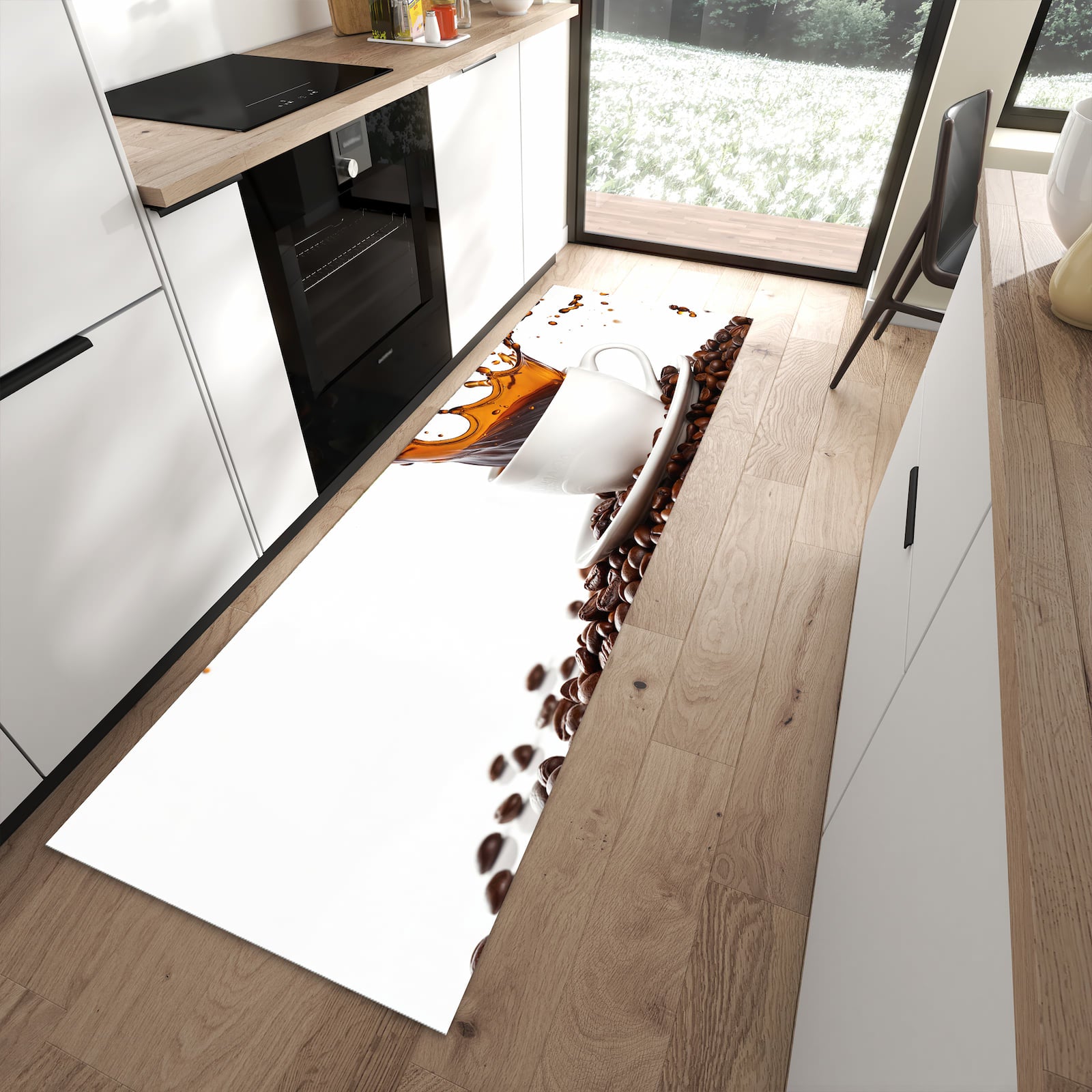 Rutschfester Küchenteppich mit Motiv Kaffeespritzer in moderner Küche