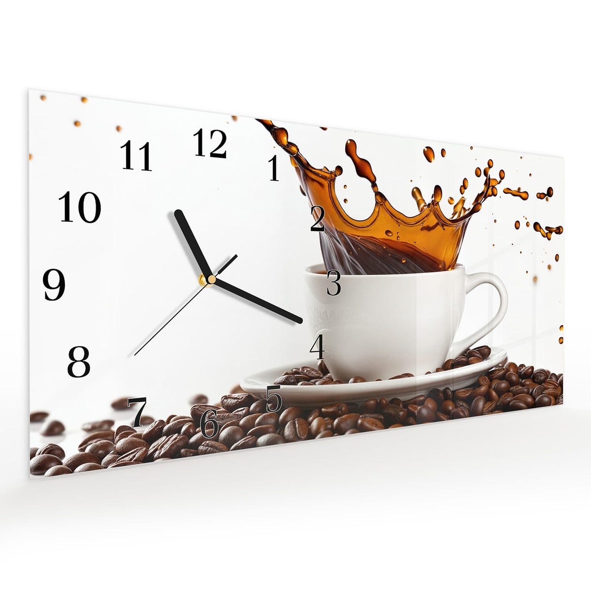 Vormontiert – mit Schwebeeffekt – Wanduhr Kaffeespritzer aus Glas – Querformat 60 × 30 cm