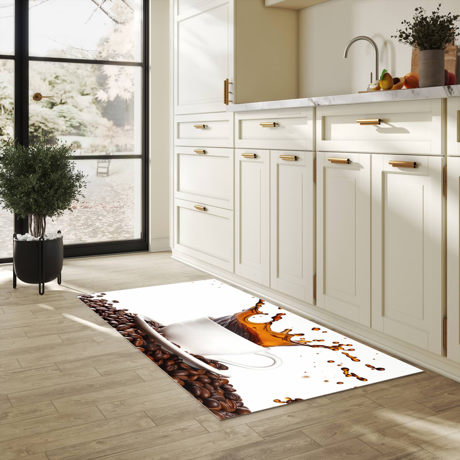 Farbbeständiger Läufer für die Küche mit Motiv Kaffeespritzer in heller Küche
