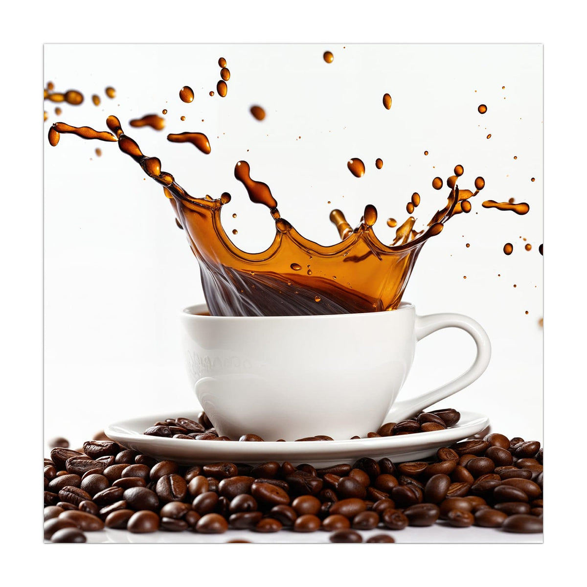 Küchenrückwand aus Glas Kaffeespritzer im quadratischen Format, Motiv bildfüllend von vorn #grösse_40 x 40 cm #grösse_50 x 50 cm #grösse_60 x 60 cm