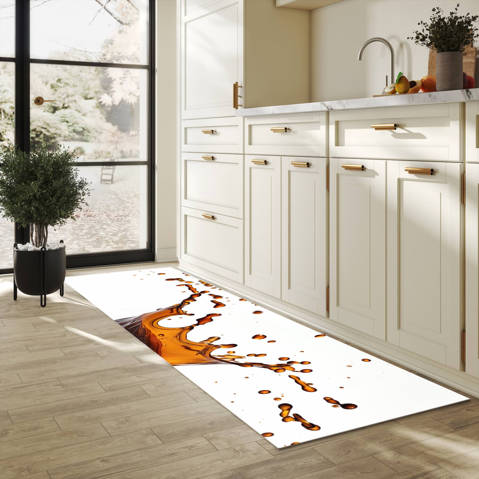 Küchenteppich mit Motiv Kaffeespritzer für Ordnung & Übersicht in heller Küche