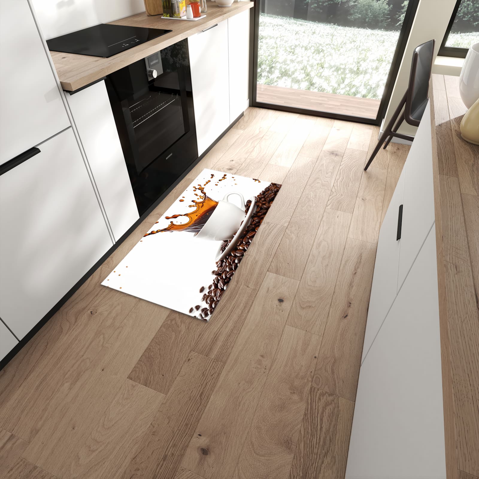 Wasserabweisender Küchenläufer mit Motiv Kaffeespritzer in moderner Küche #grösse_60 x 120 cm