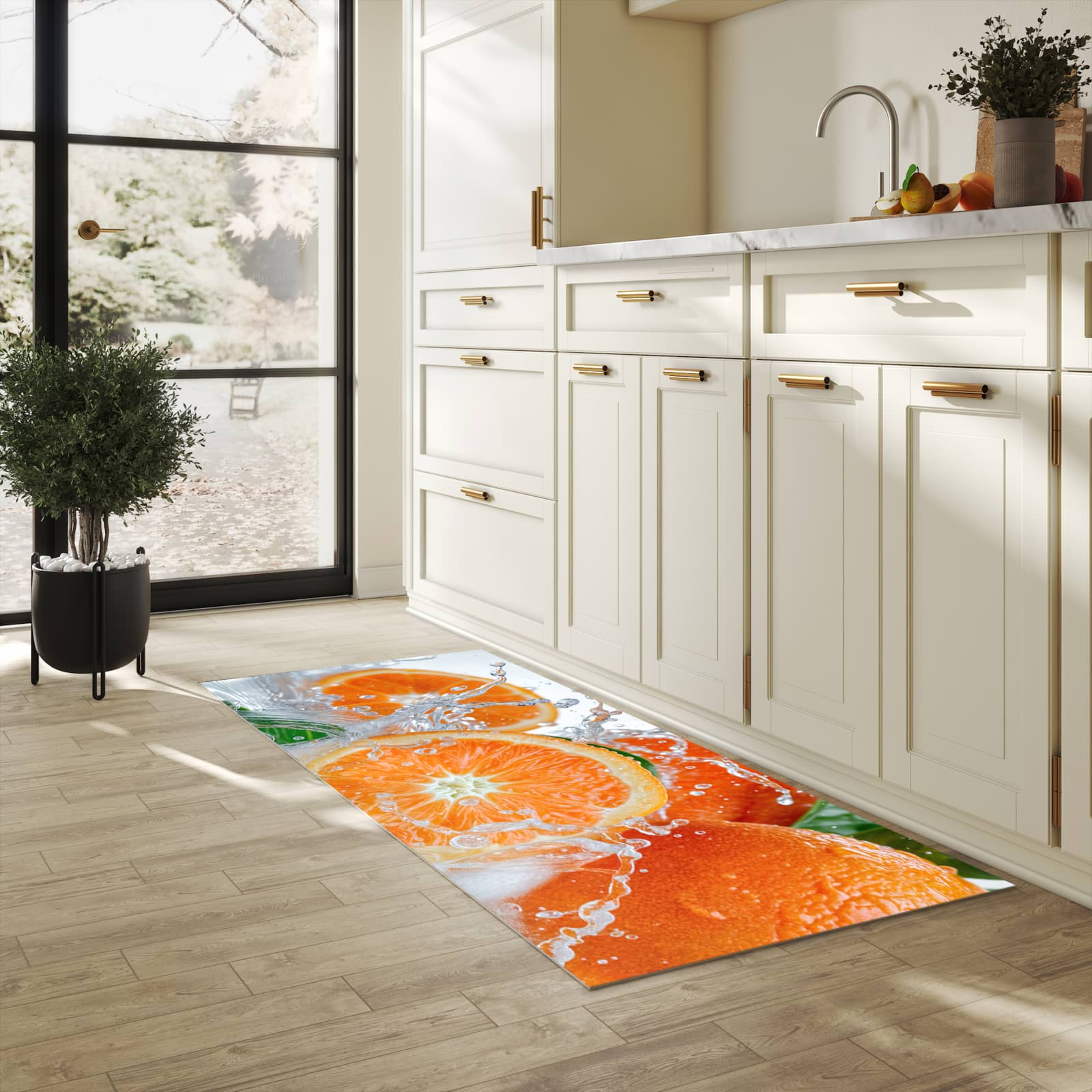 Abriebfester großer Küchenteppich mit Motiv Spritzige Orangen in heller Küche