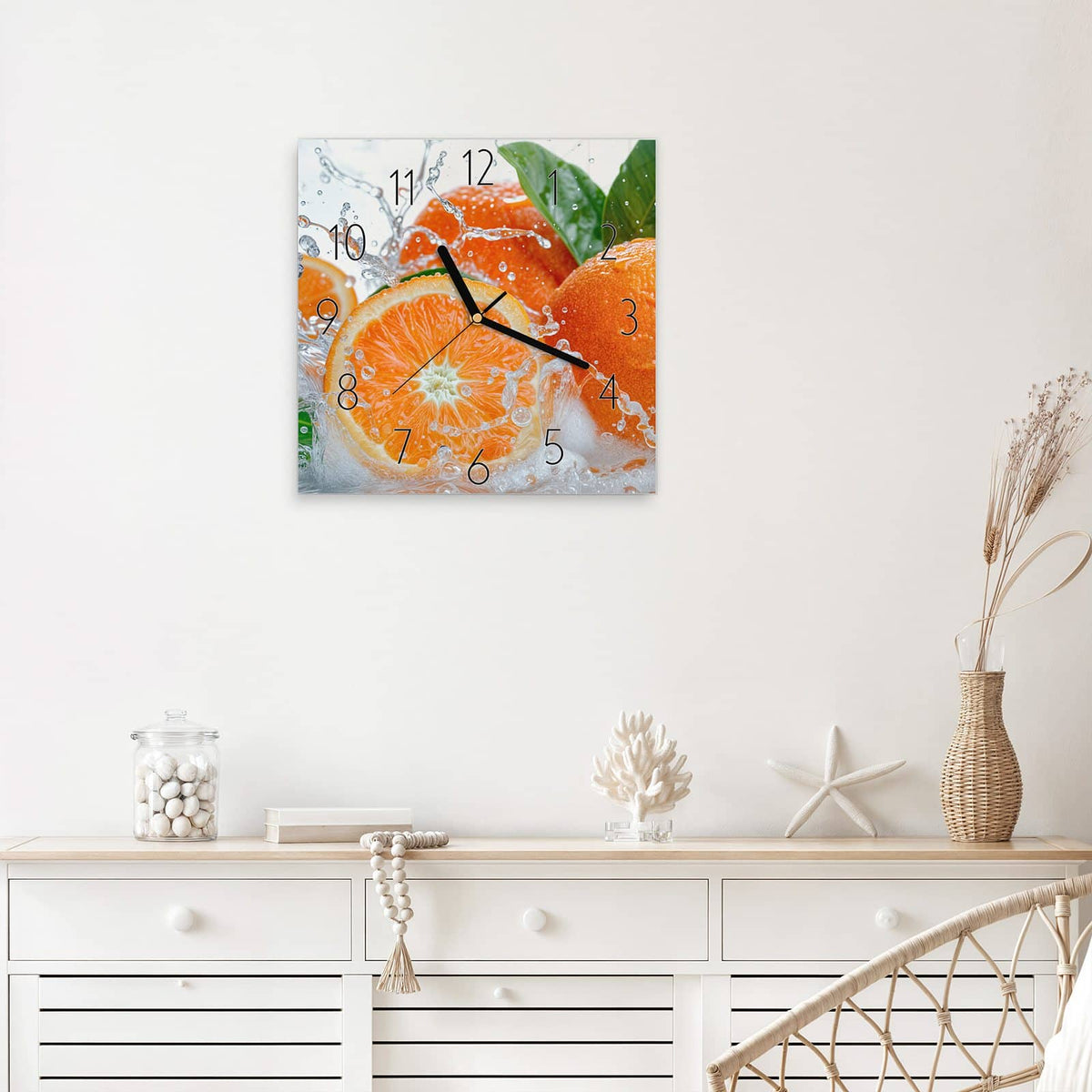 Wanduhr Orangen im Wasser aus Glas – Quadratisch 30 × 30 cm – Orangen im spritzenden Wasser