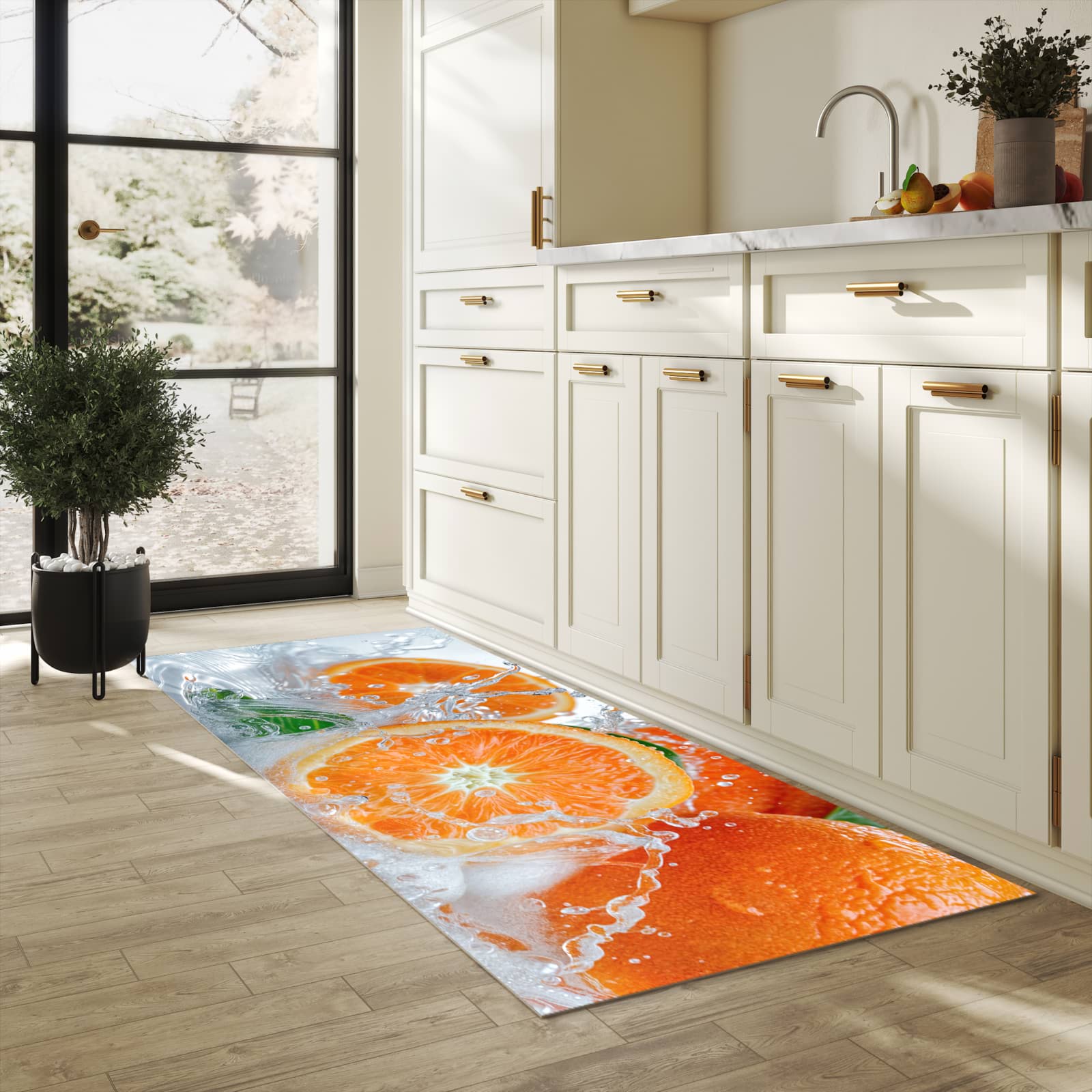 Schmutzabweisender Küchenläufer mit Motiv Spritzige Orangen in heller Küche