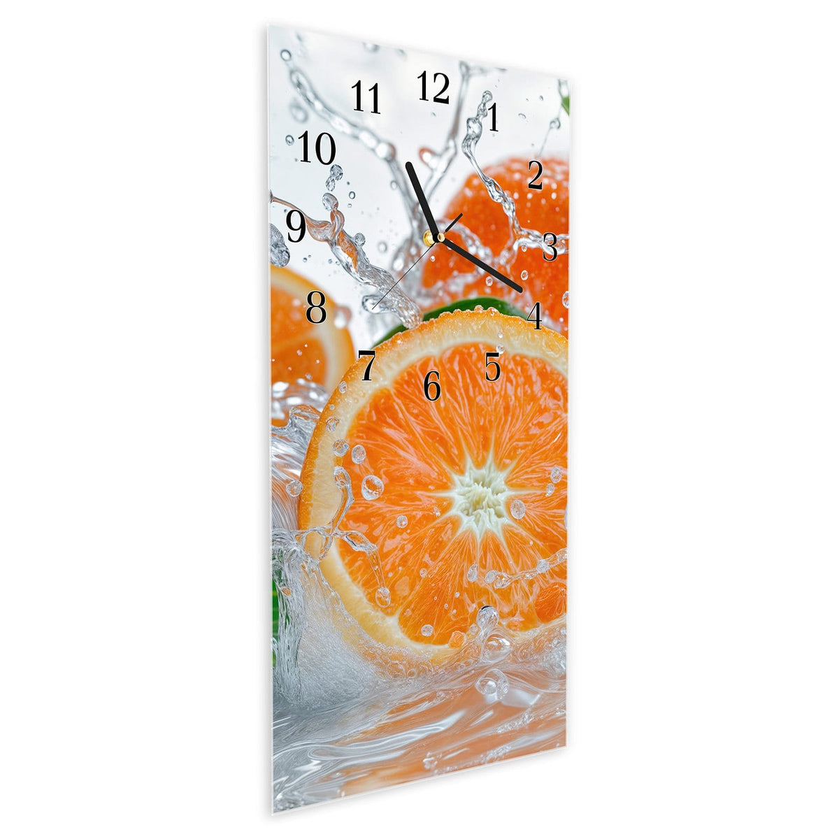 Vormontiert – mit Schwebeeffekt – Wanduhr Spritzige Orangen aus Glas – Hochformat 30 × 60 cm