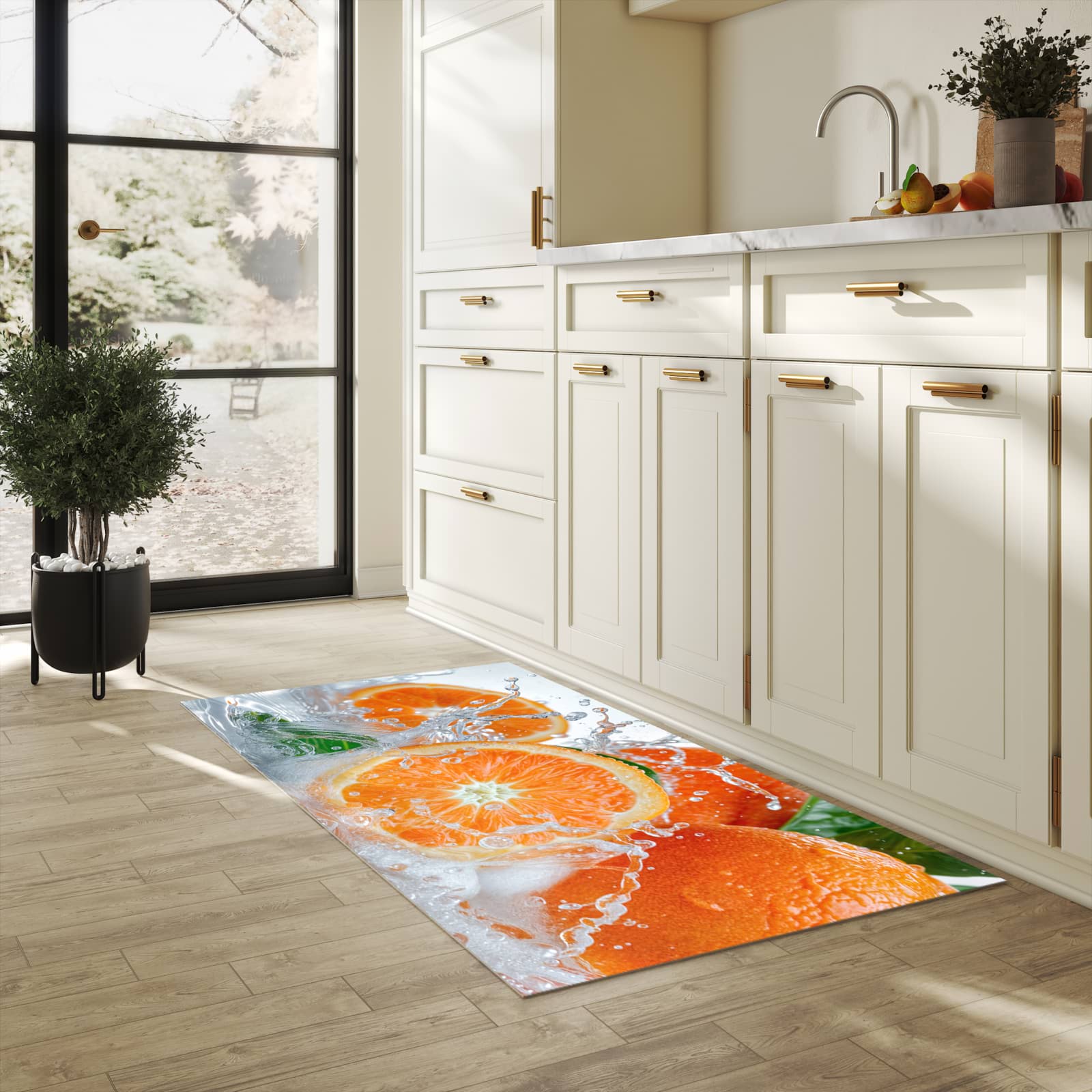Fleckenresistenter Küchenläufer mit Motiv Spritzige Orangen in heller Küche