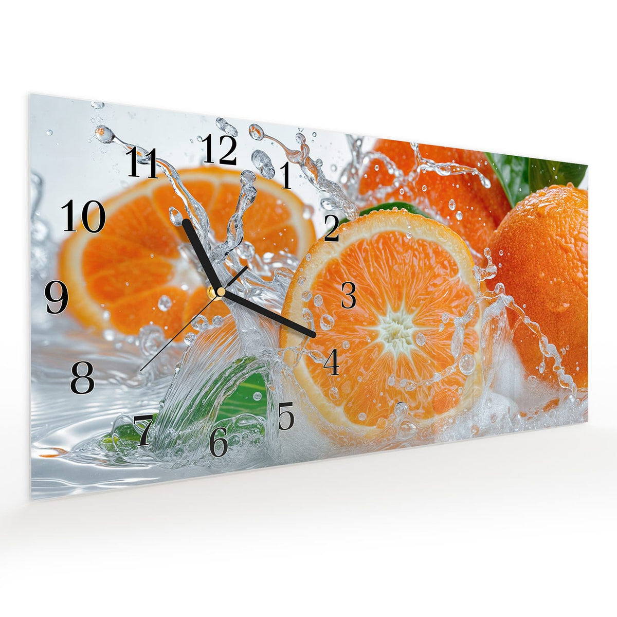 Vormontiert – mit Schwebeeffekt – Wanduhr Spritzige Orangen aus Glas – Querformat 60 × 30 cm