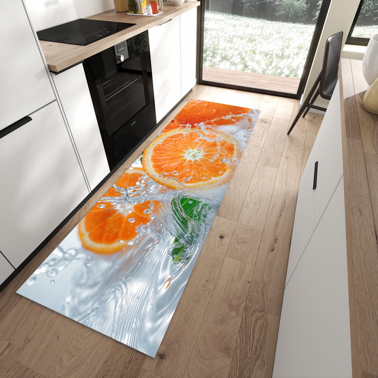 Rutschfester Küchenläufer mit Motiv Spritzige Orangen für sicheren Stand in moderner Küche