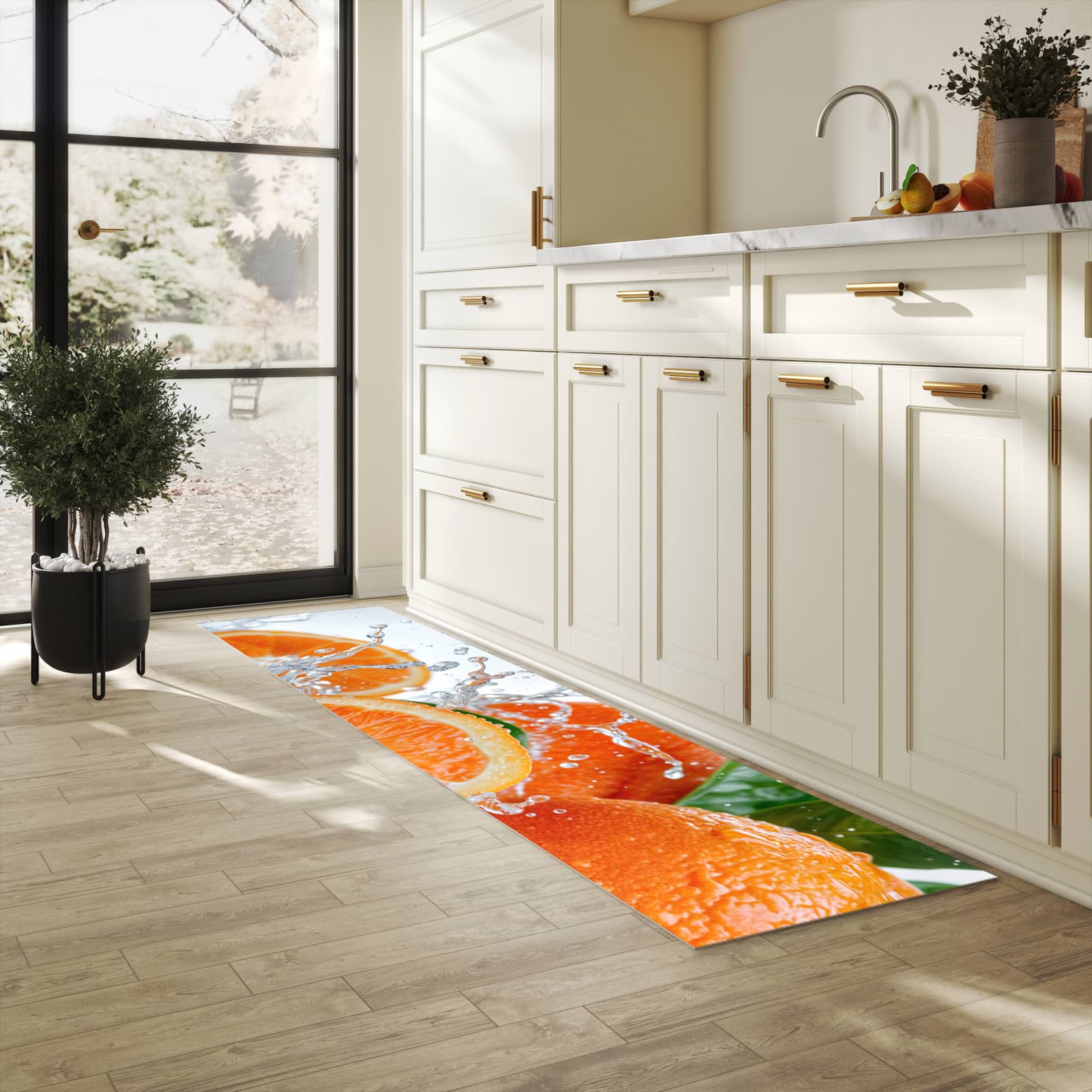 Küchenteppich mit Motiv Spritzige Orangen in heller Küche für sicheres Aufbewahren
