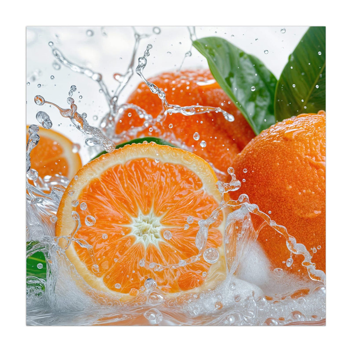 Ganze Orangen und eine Orangenscheibe im aufspritzenden Wasser mit grünen Blättern