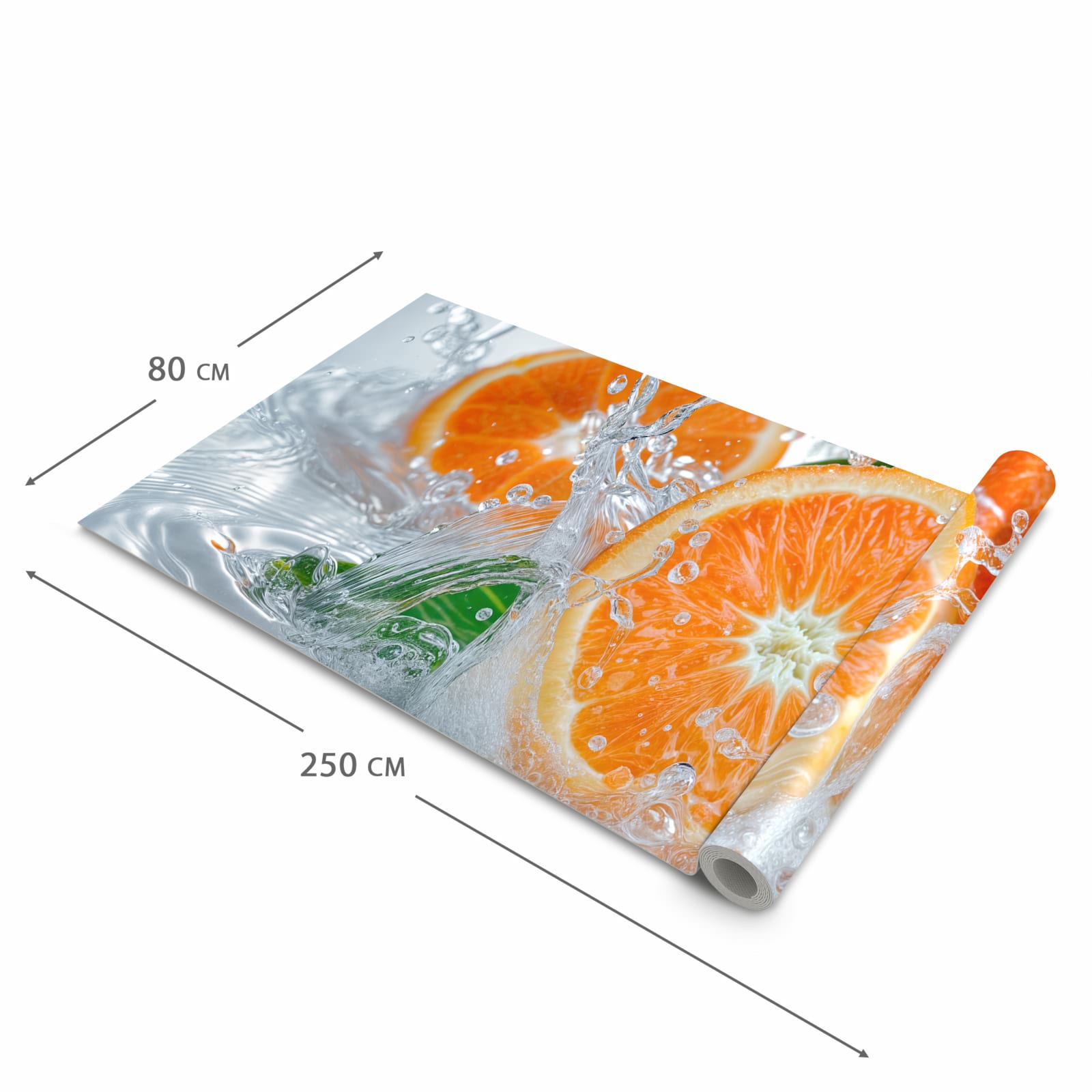 Fleckenresistenter waschbarer Läufer Küche mit Motiv Spritzige Orangen in der Grösse 80x300 cm