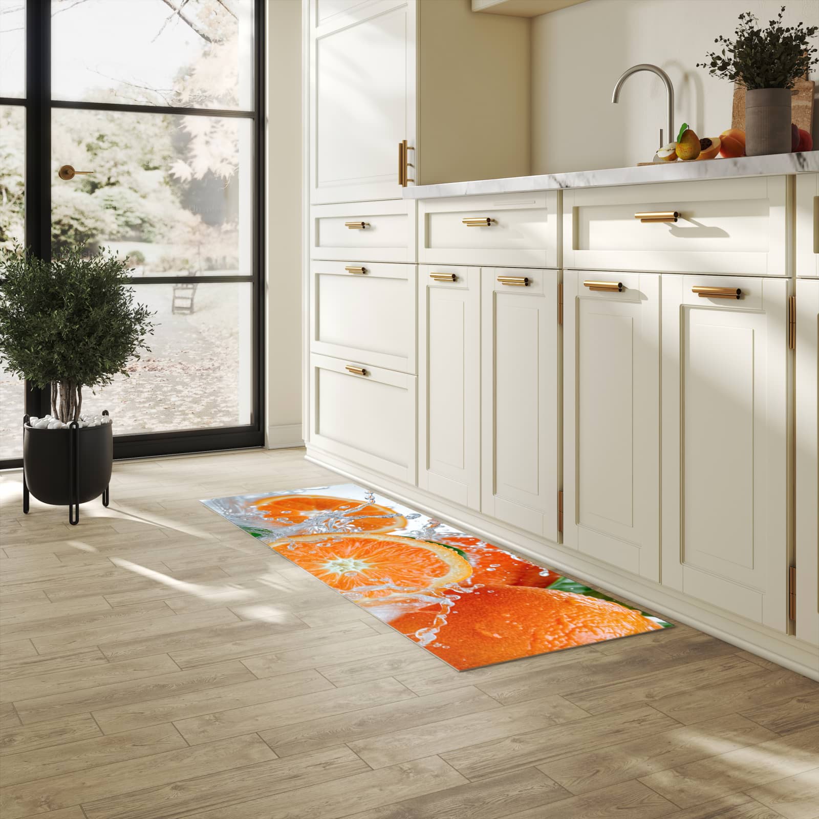 Farbbeständiger Küchenteppich mit Motiv Spritzige Orangen in heller Küche