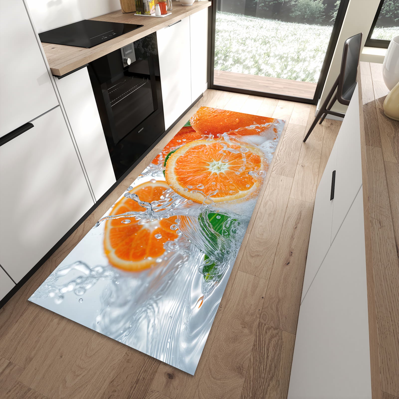 UV-beständiger Küchenläufer mit Motiv Spritzige Orangen in moderner Küche